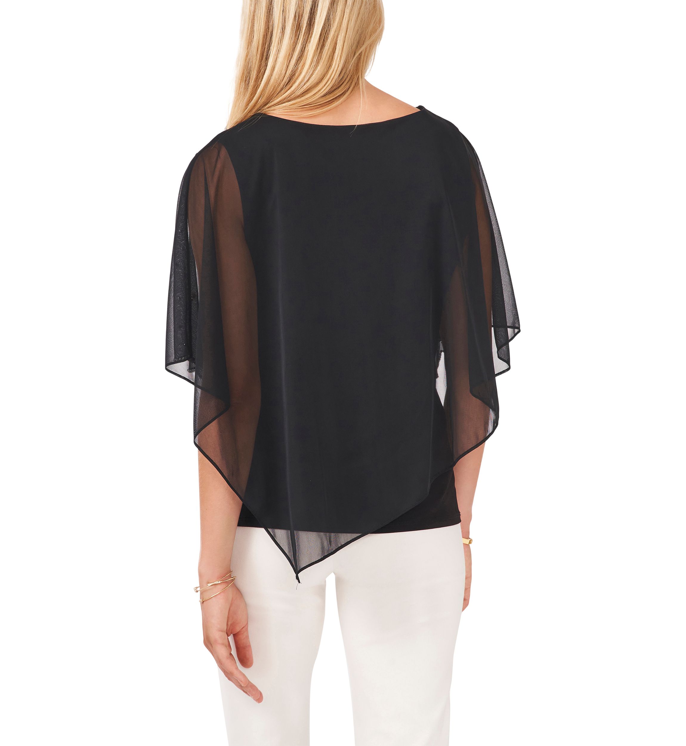 Womens Elbow Sleeve Solid Sequin Sheer Blouse