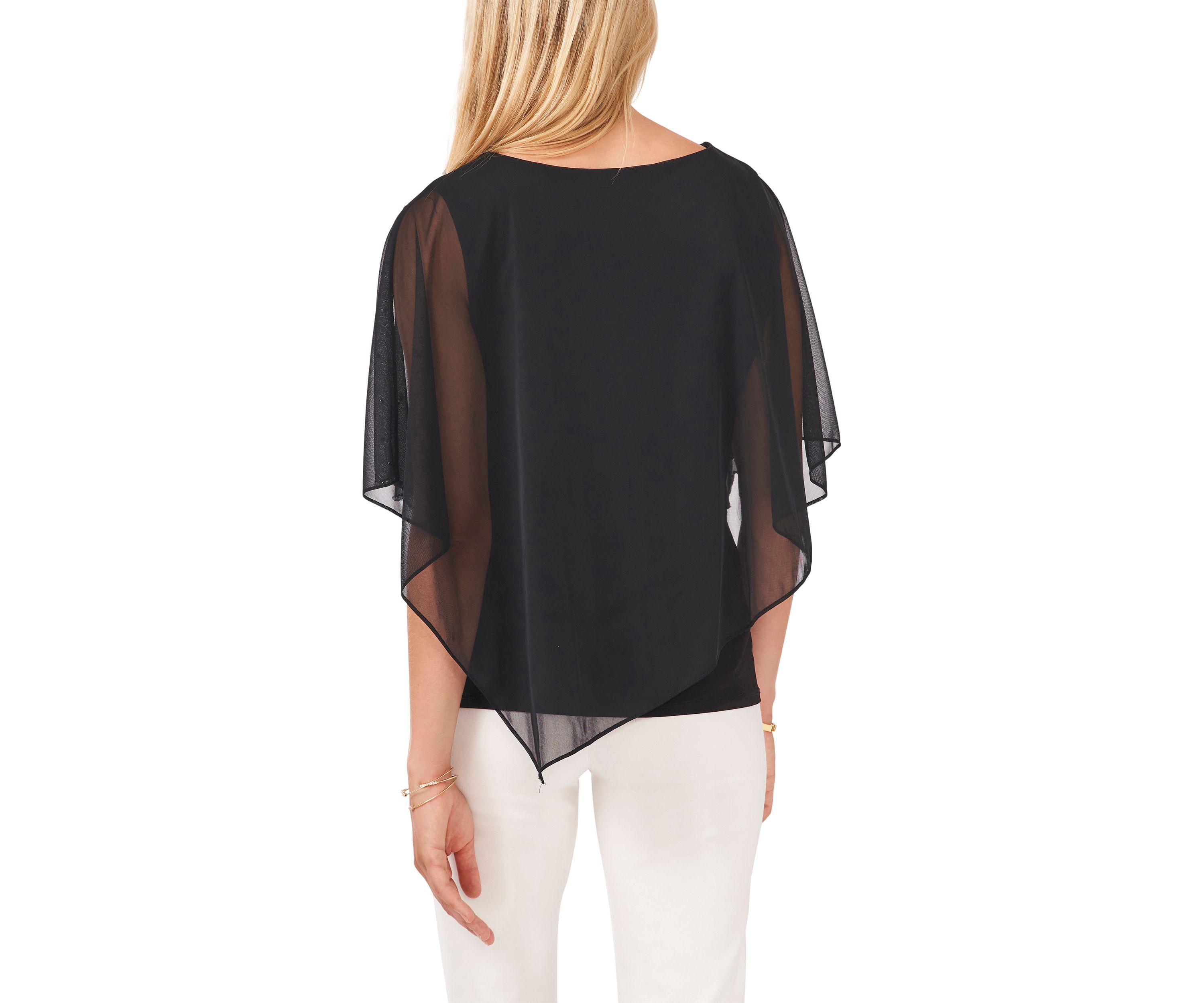 Womens Elbow Sleeve Solid Sequin Sheer Blouse