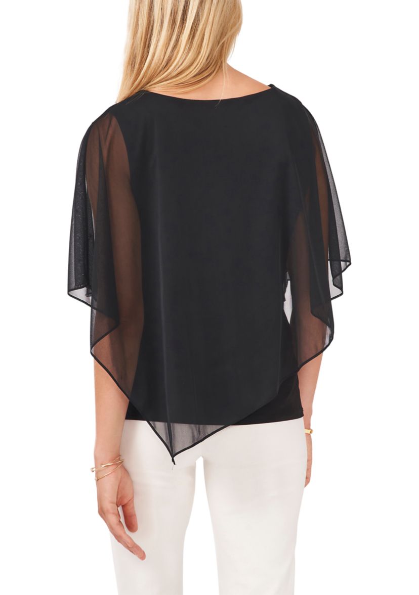 Womens Elbow Sleeve Solid Sequin Sheer Blouse