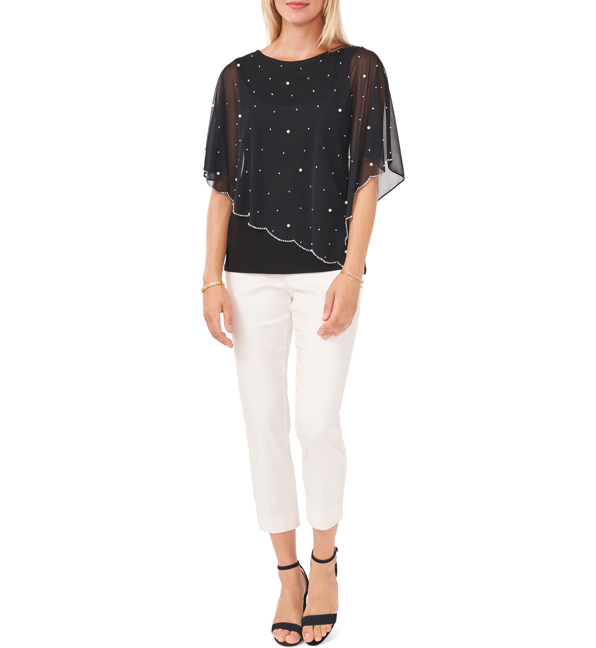 Womens Elbow Sleeve Solid Sequin Sheer Blouse