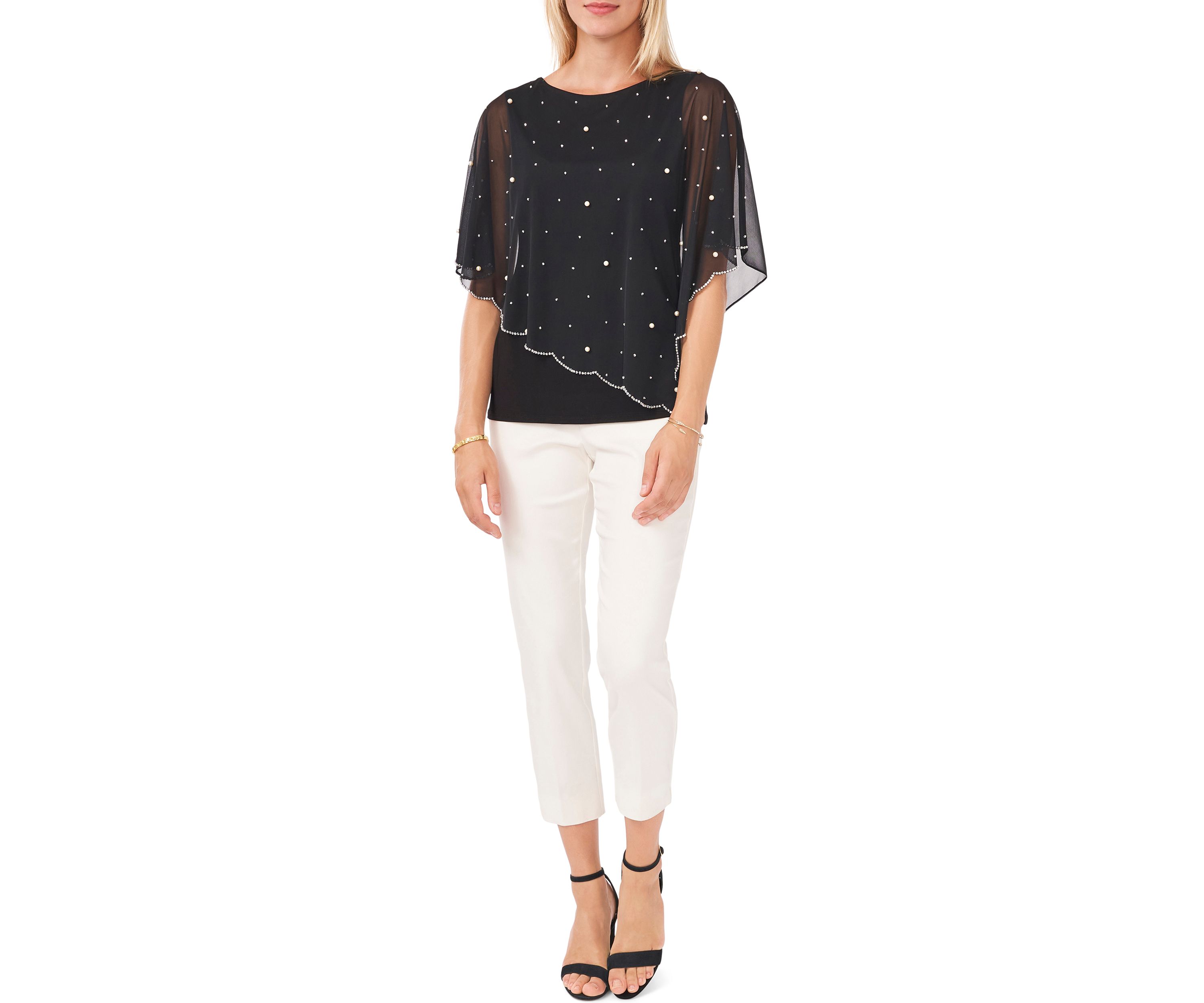 Womens Elbow Sleeve Solid Sequin Sheer Blouse