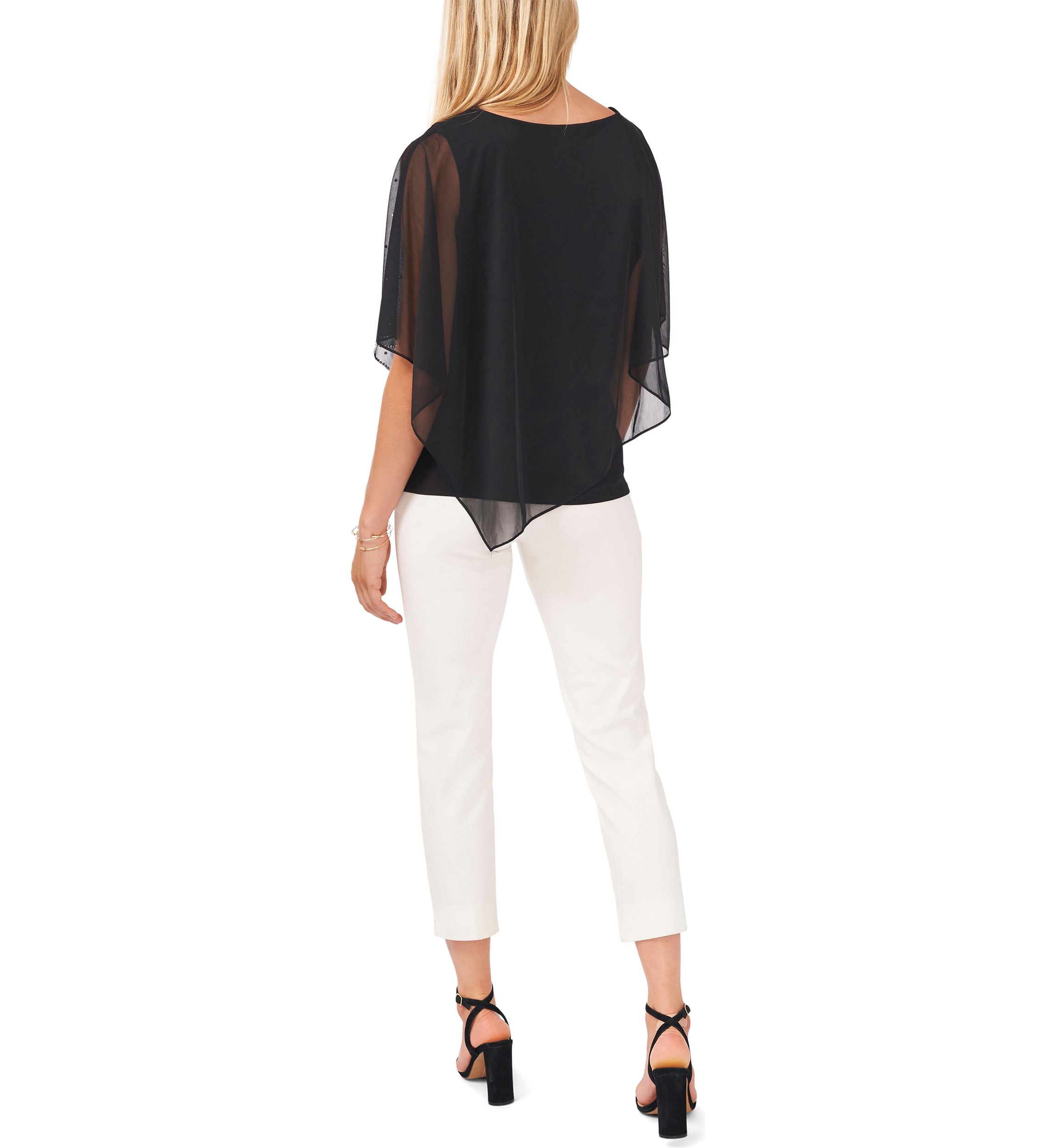 Womens Elbow Sleeve Solid Sequin Sheer Blouse