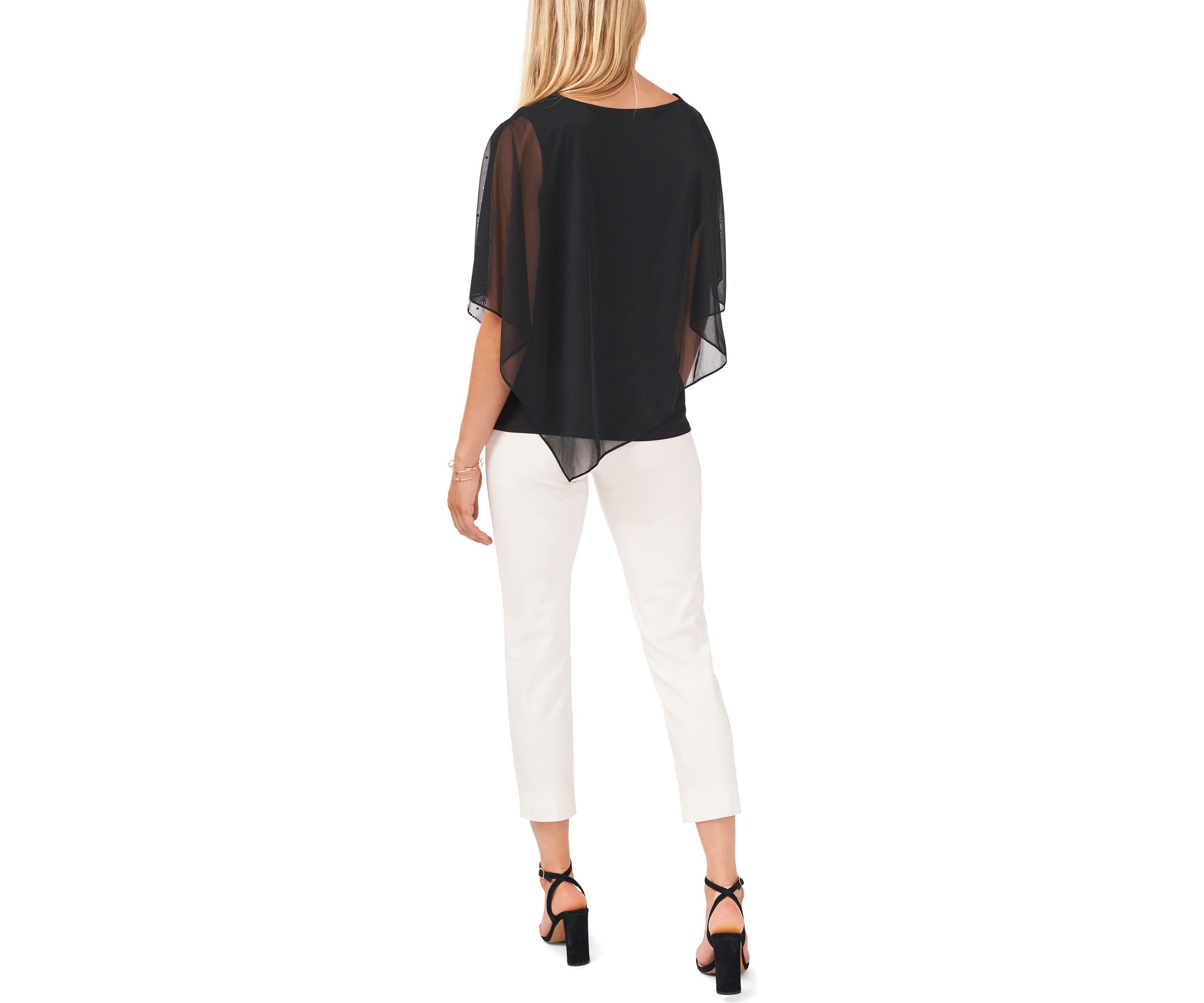 Womens Elbow Sleeve Solid Sequin Sheer Blouse