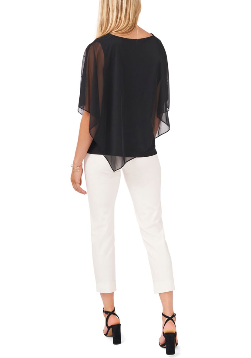 Womens Elbow Sleeve Solid Sequin Sheer Blouse