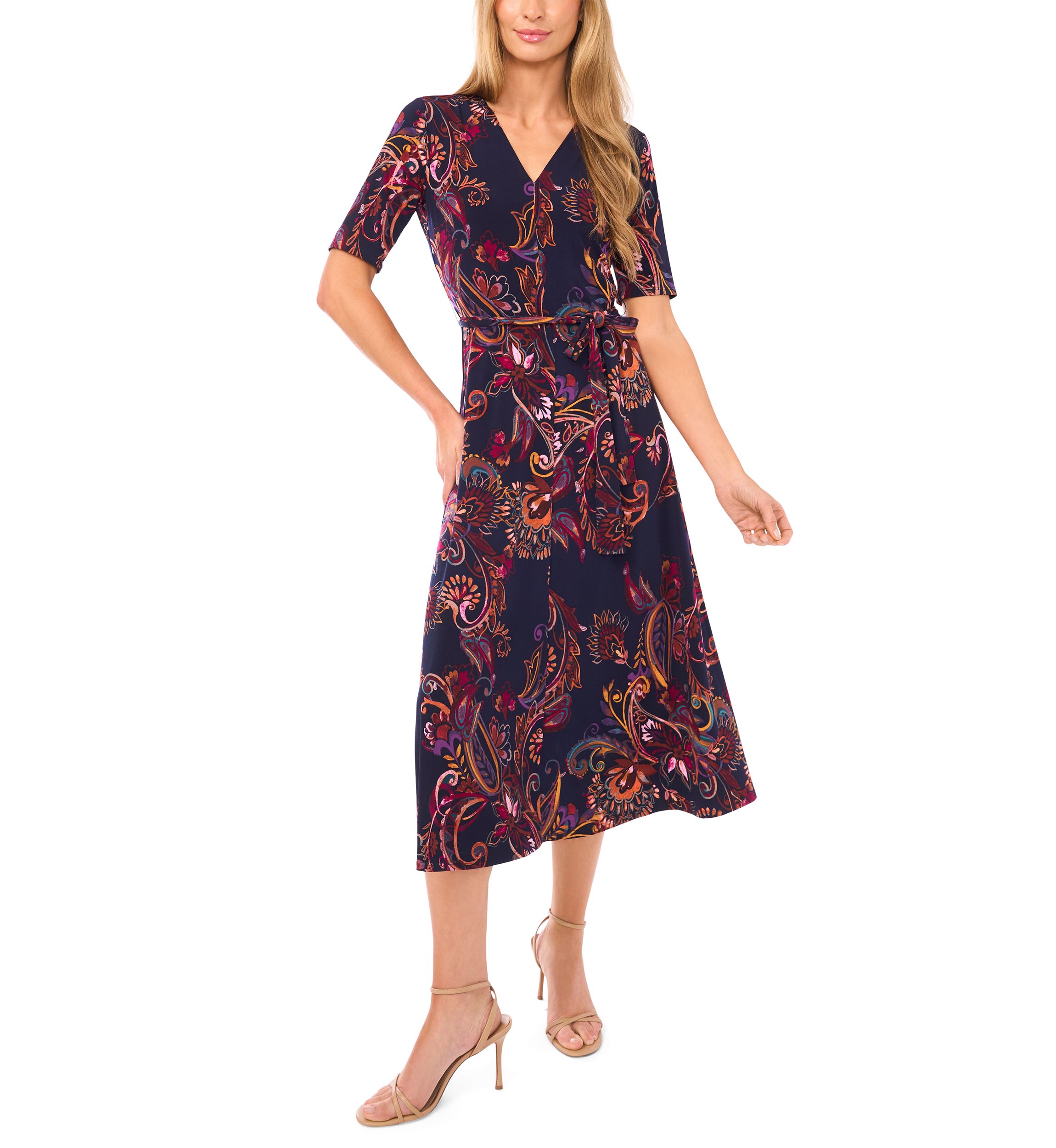 Womens Short Sleeve Tie Midi Dress