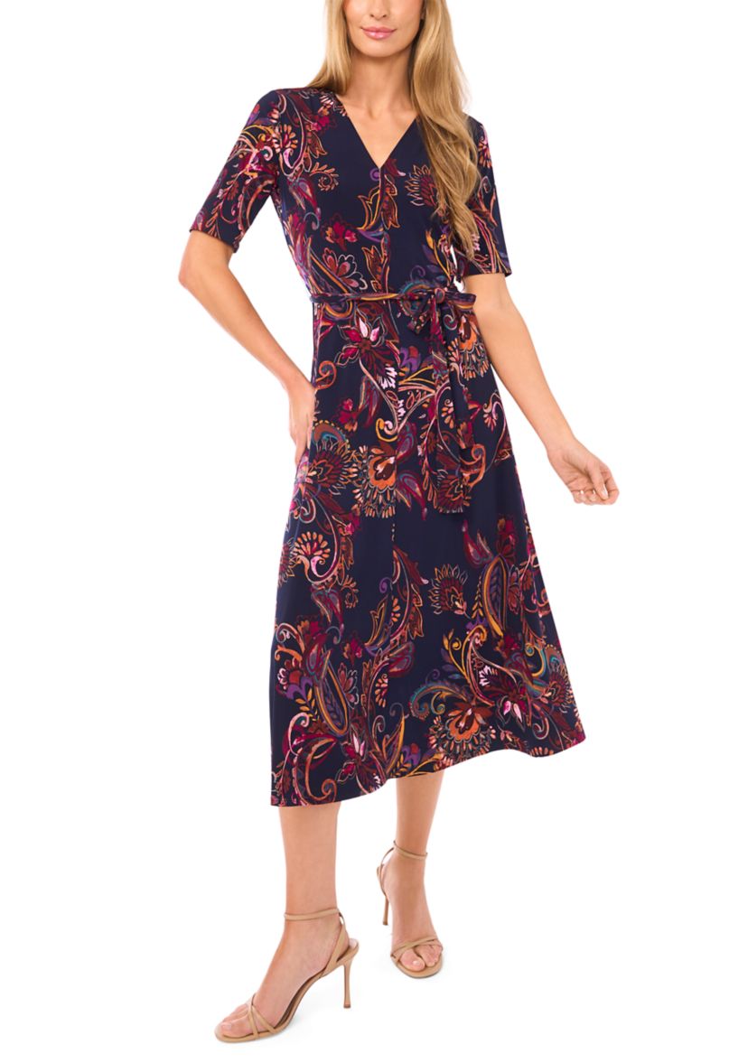 Womens Short Sleeve Tie Midi Dress