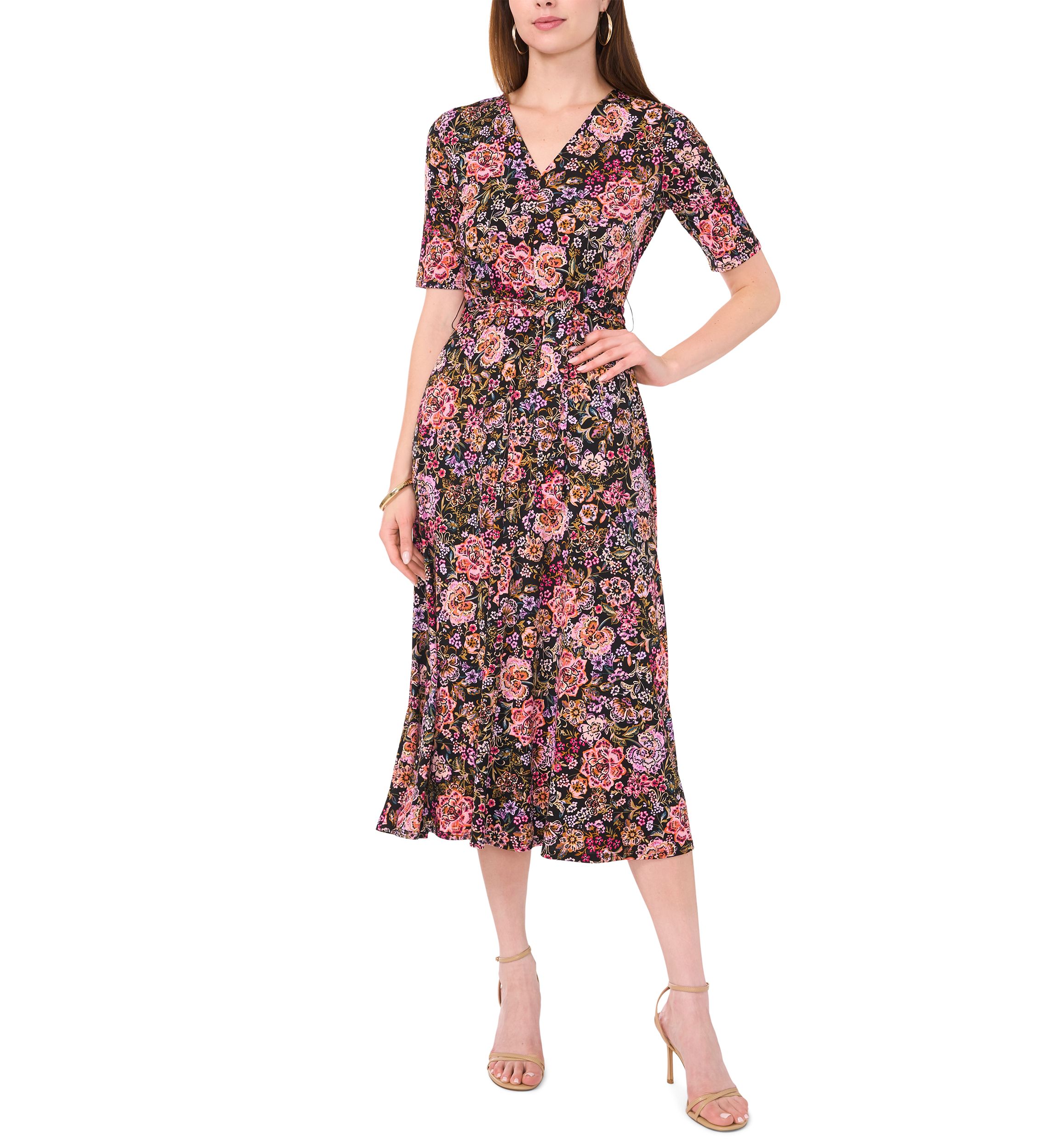 Womens Short Sleeve V-Neck Tie Waist Printed Fit and Flare Dress