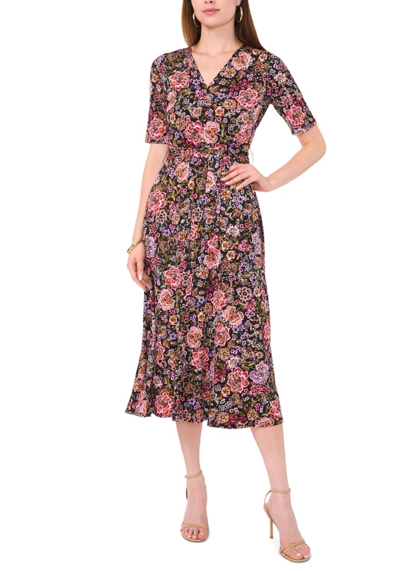 Womens Short Sleeve V-Neck Tie Waist Printed Fit and Flare Dress