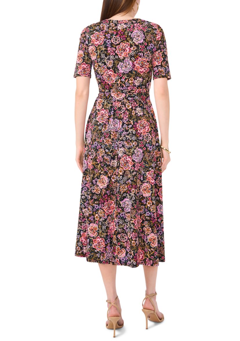 Womens Short Sleeve V-Neck Tie Waist Printed Fit and Flare Dress