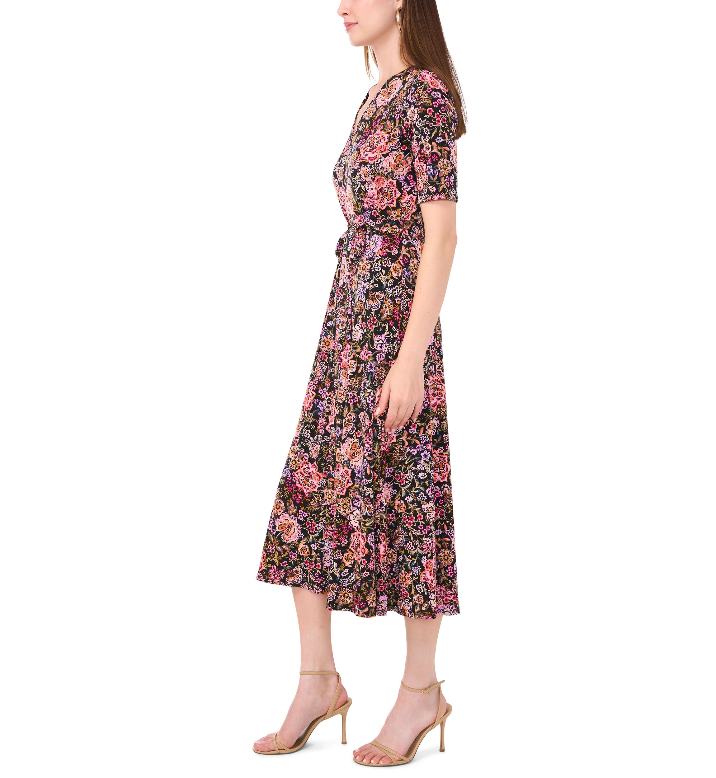 Womens Short Sleeve V-Neck Tie Waist Printed Fit and Flare Dress
