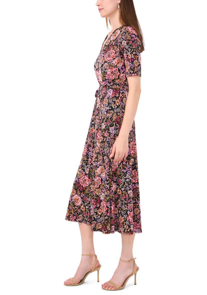 Womens Short Sleeve V-Neck Tie Waist Printed Fit and Flare Dress