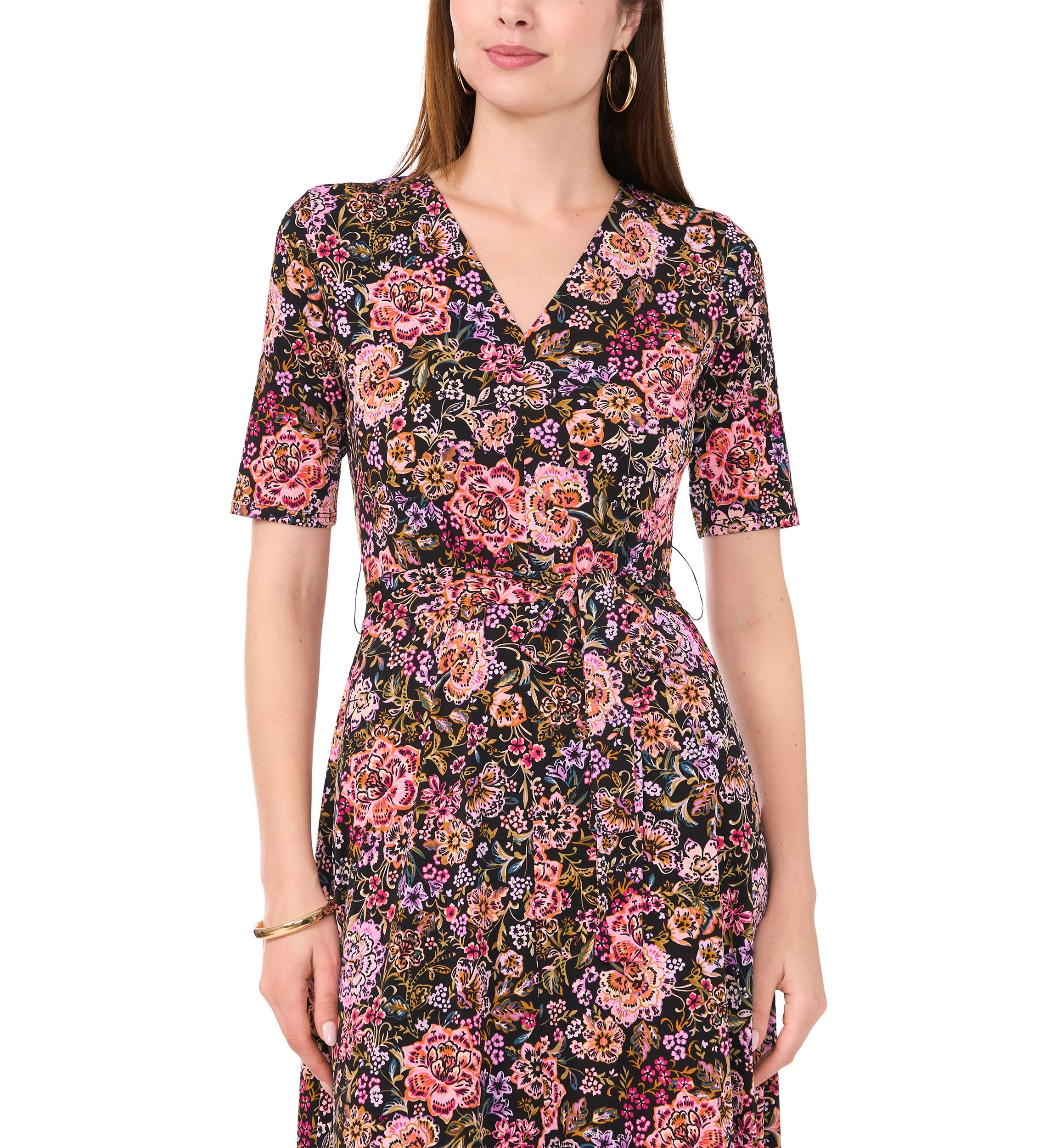Womens Short Sleeve V-Neck Tie Waist Printed Fit and Flare Dress