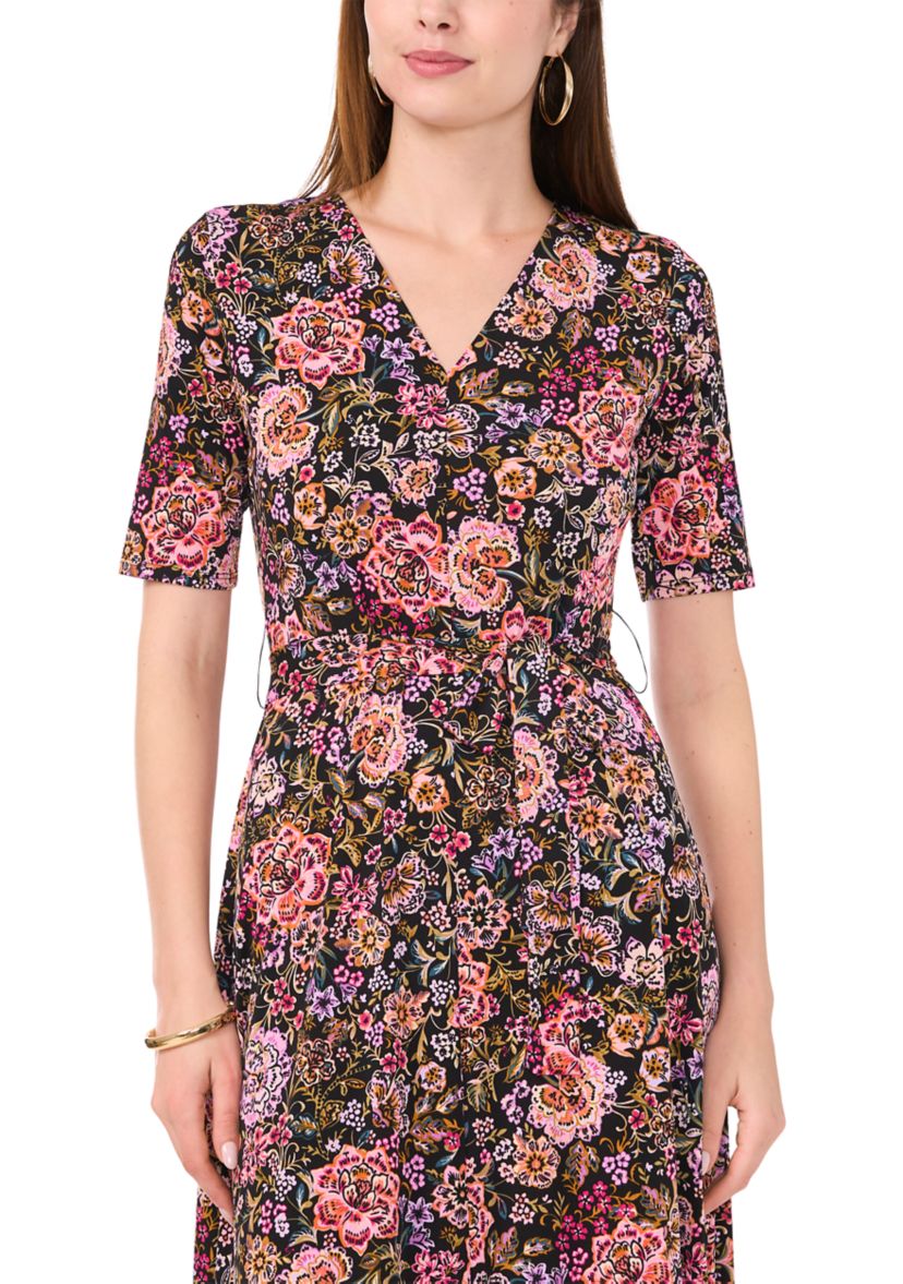 Womens Short Sleeve V-Neck Tie Waist Printed Fit and Flare Dress