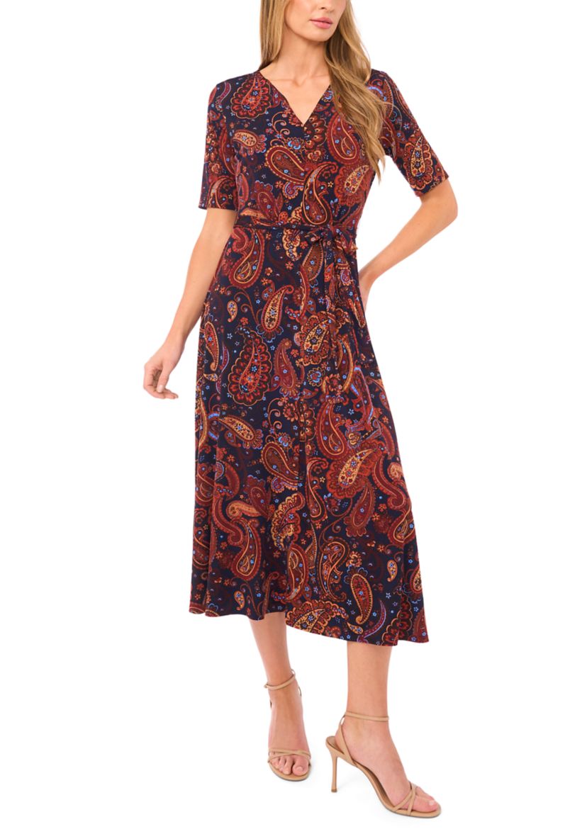 Womens Short Sleeve Tie Midi Dress