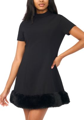 CeCe Women's A-line Mini Dress with Faux Fur Trim, Black, XL