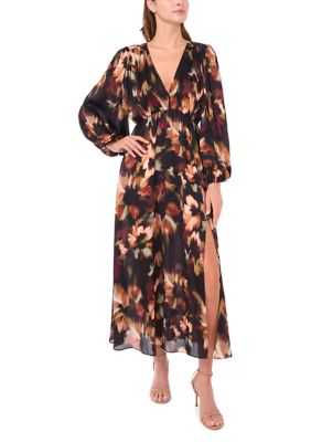 MSK Women's Long Sleeve V-Neck Floral Print Chiffon Filia Dress, Black, 10
