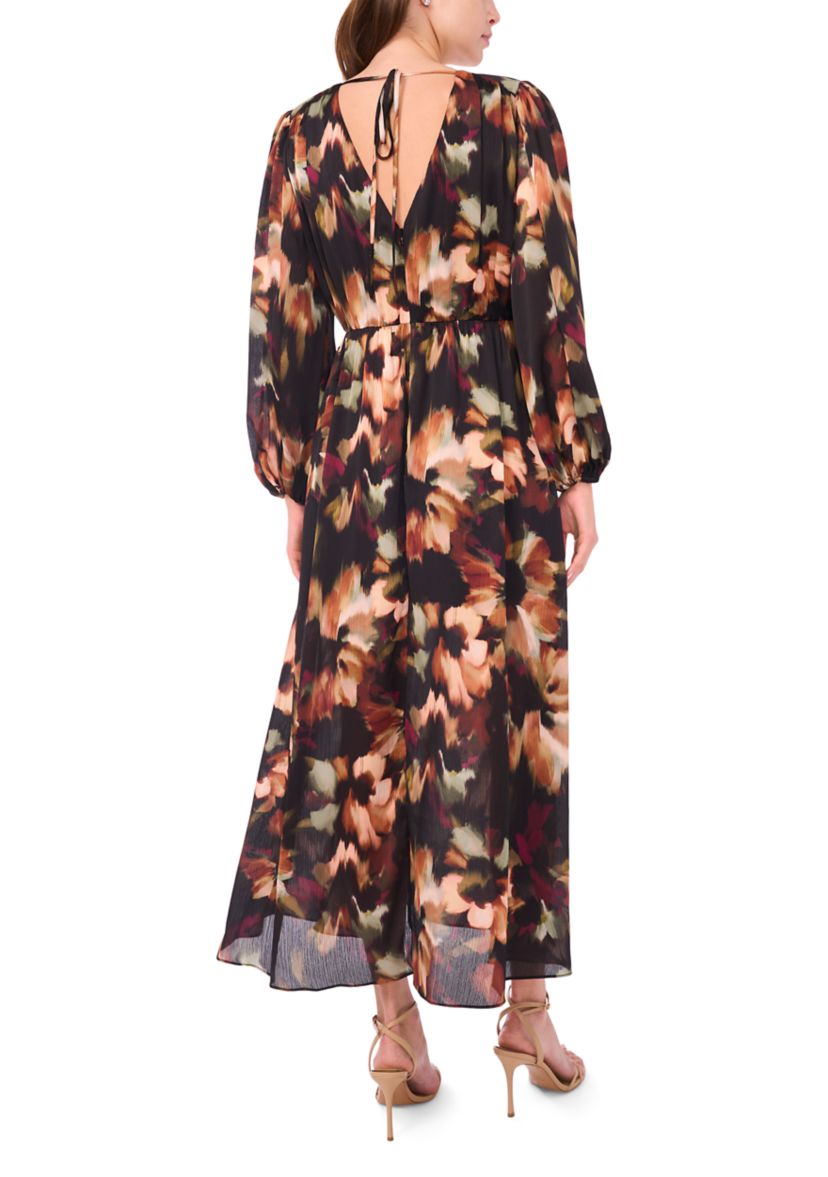Womens Long Sleeve V-Neck Floral Print Chiffon Filia Dress