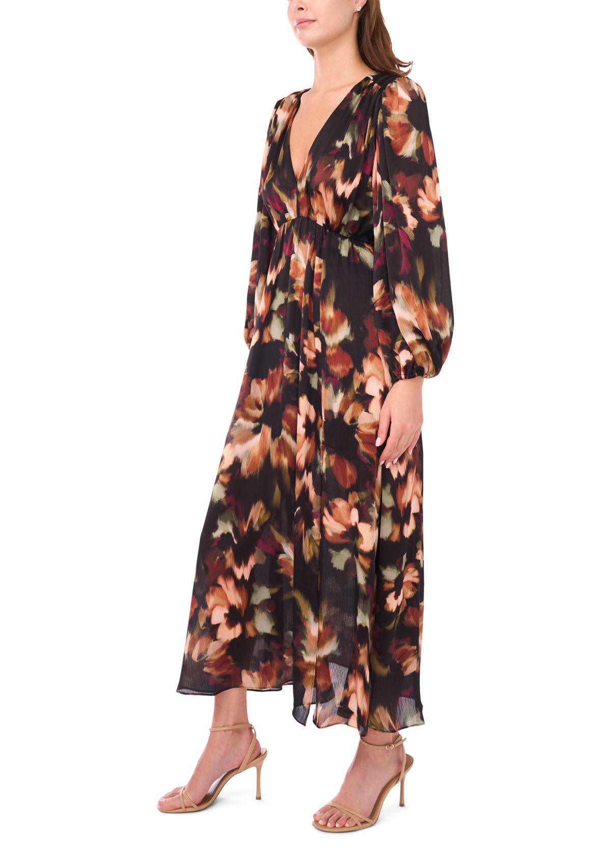 Womens Long Sleeve V-Neck Floral Print Chiffon Filia Dress