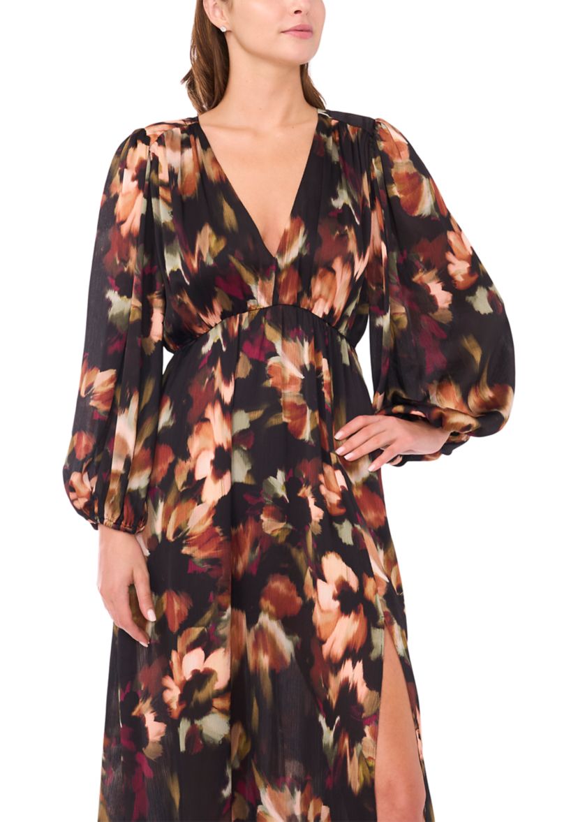 Womens Long Sleeve V-Neck Floral Print Chiffon Filia Dress