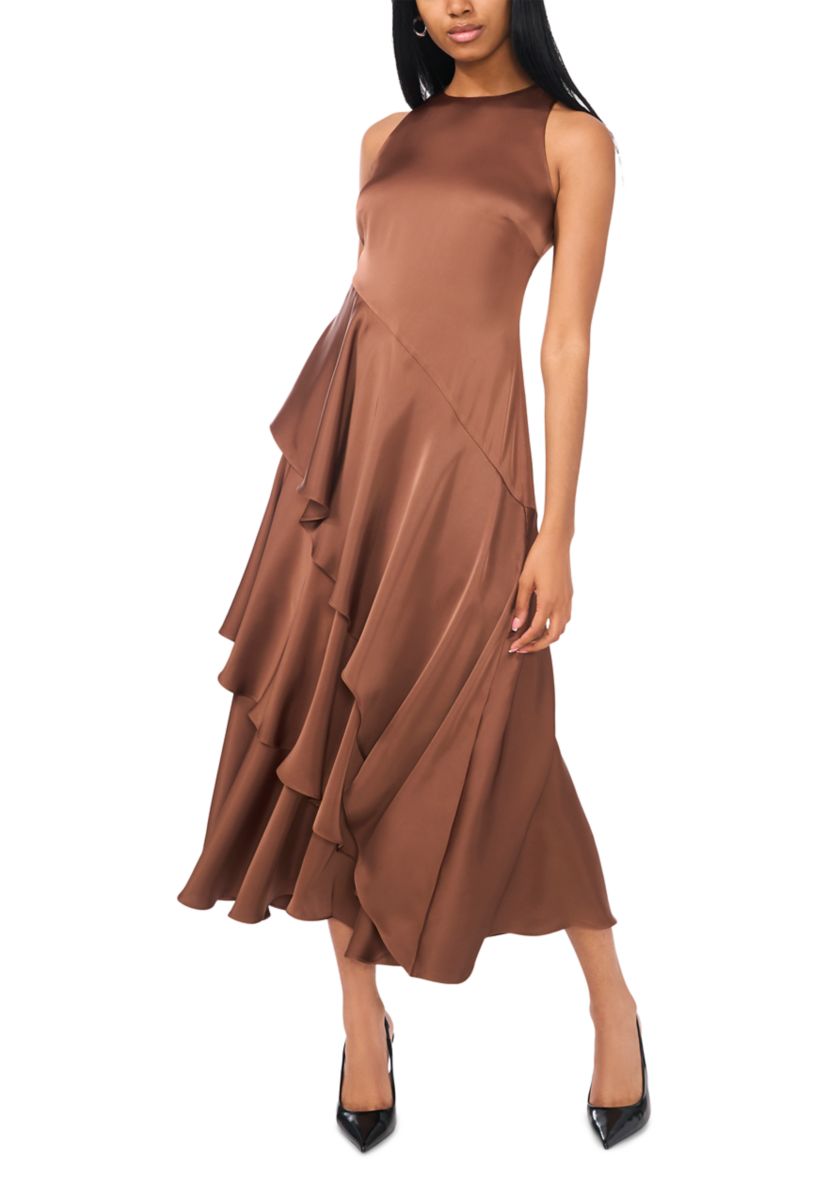 Womens Sleeveless Mock Neck Satin Angie Dress