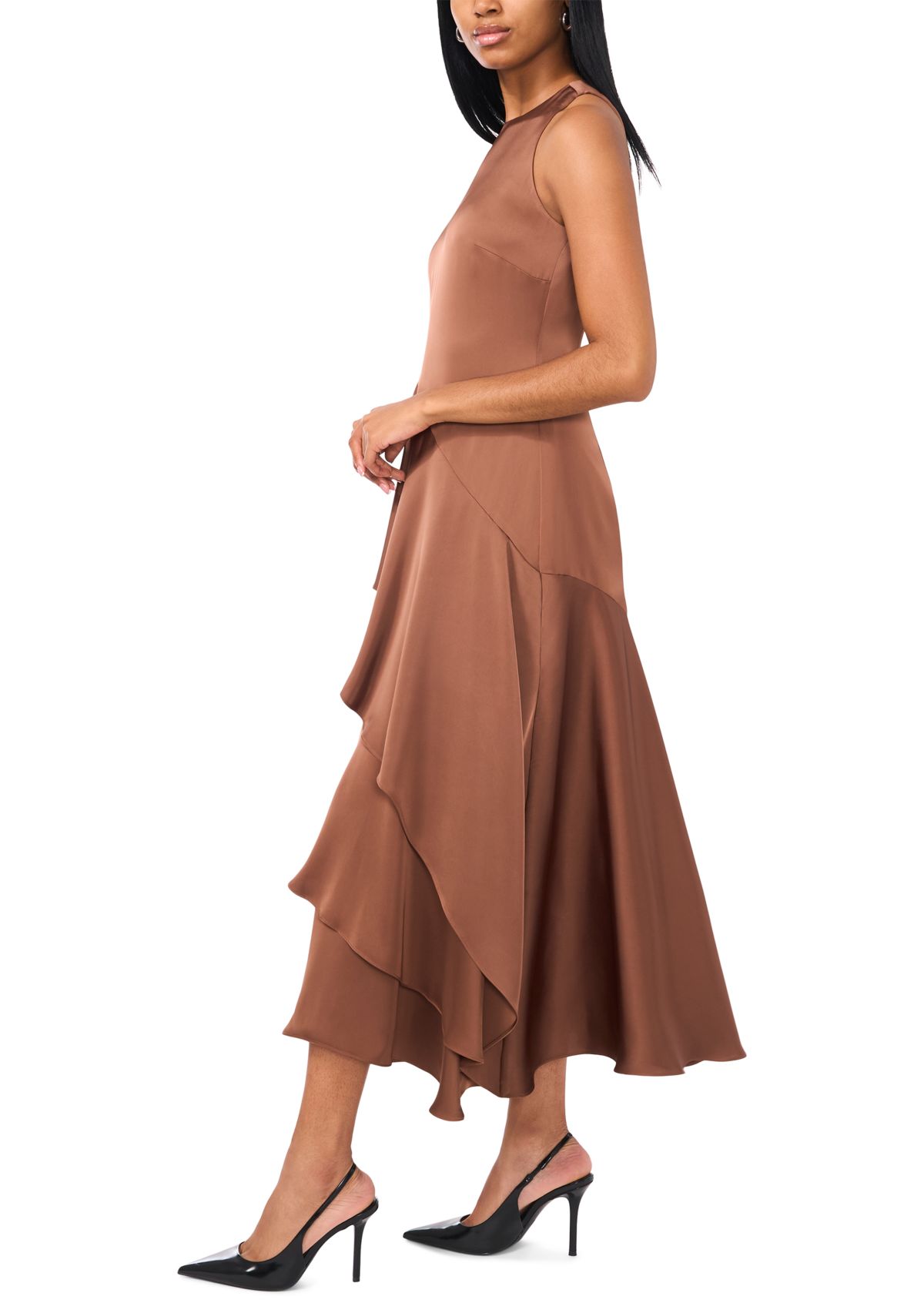 Womens Sleeveless Mock Neck Satin Angie Dress