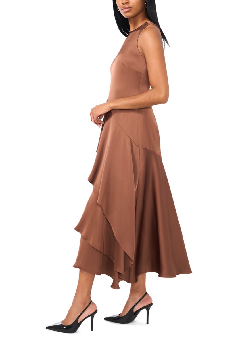 Womens Sleeveless Mock Neck Satin Angie Dress
