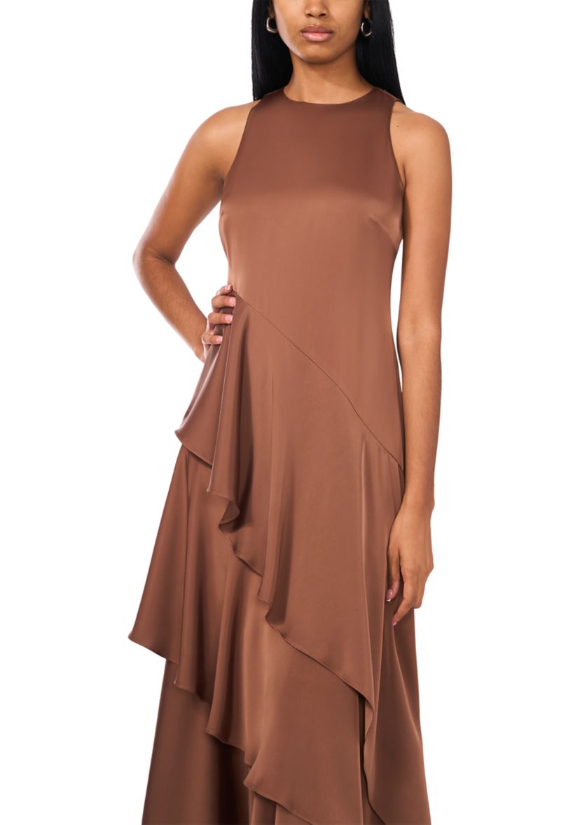 Womens Sleeveless Mock Neck Satin Angie Dress