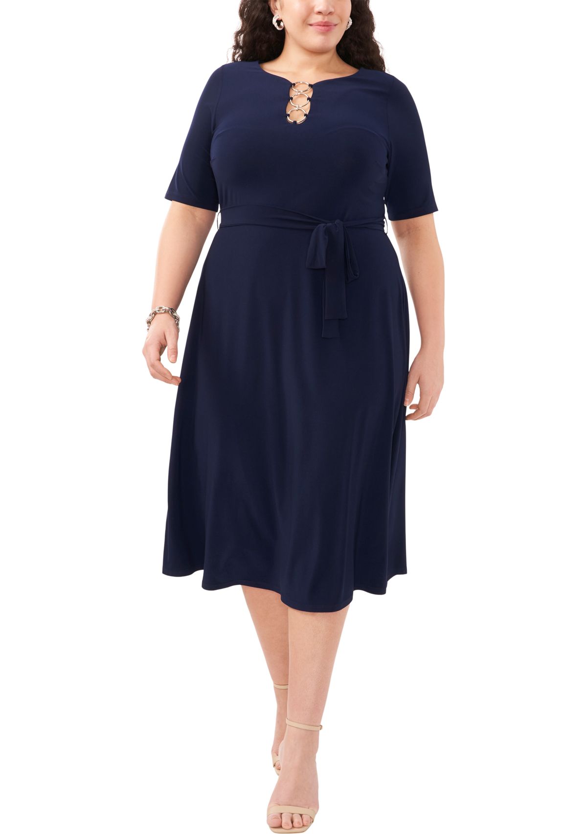 Plus Size Short Sleeve 3 Ring Solid Tie Front Midi Dress