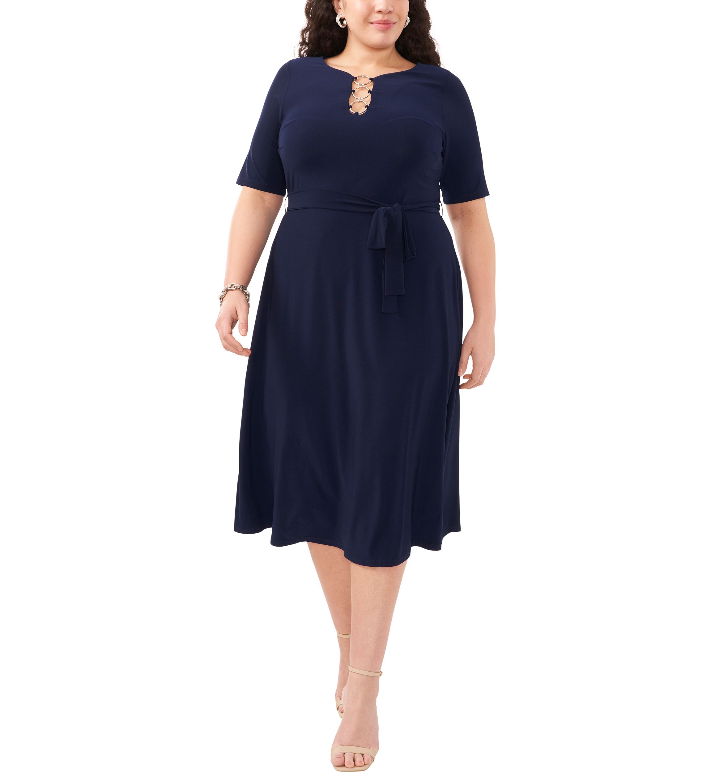 Plus Size Short Sleeve 3 Ring Solid Tie Front Midi Dress