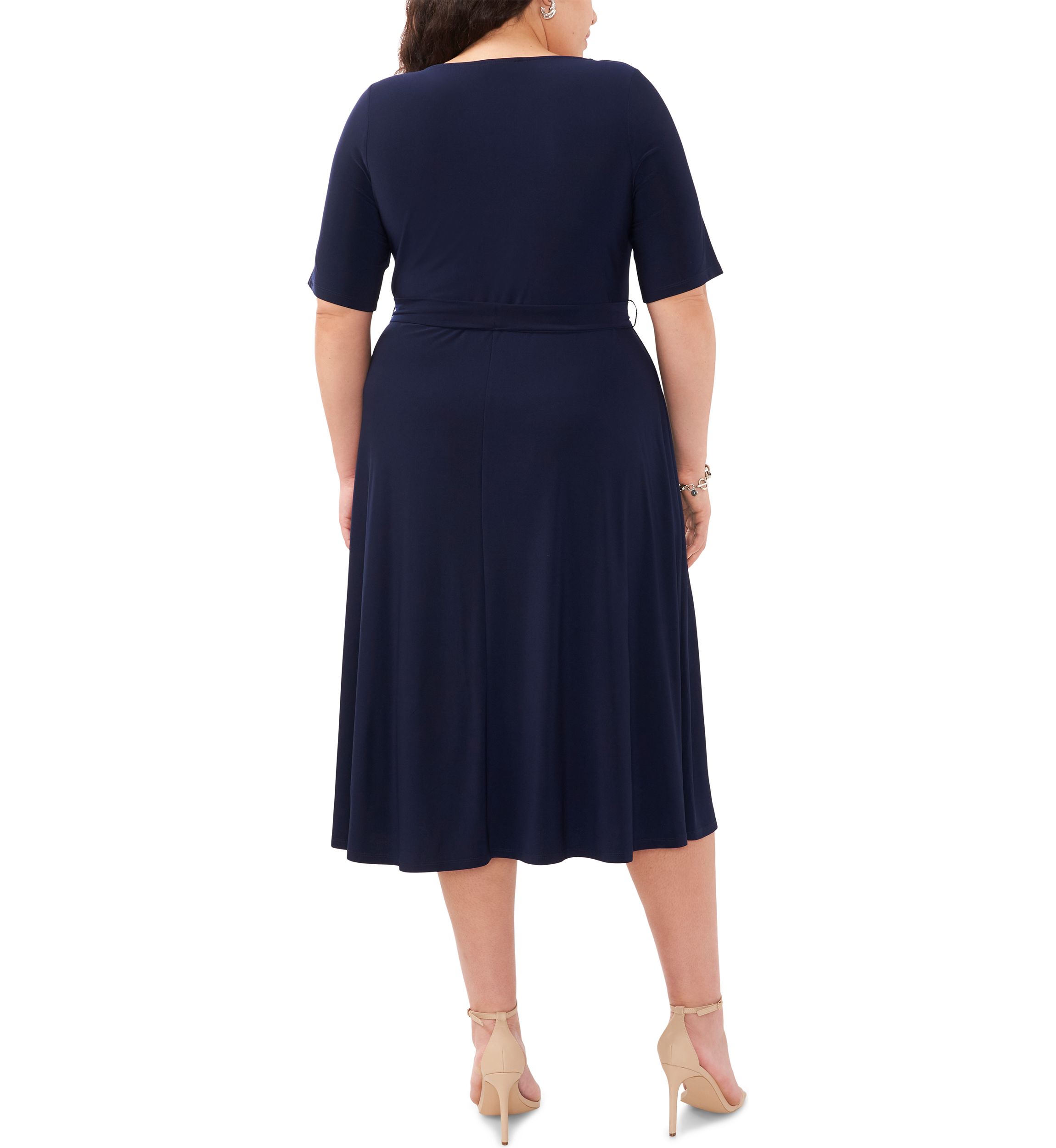 Plus Size Short Sleeve 3 Ring Solid Tie Front Midi Dress