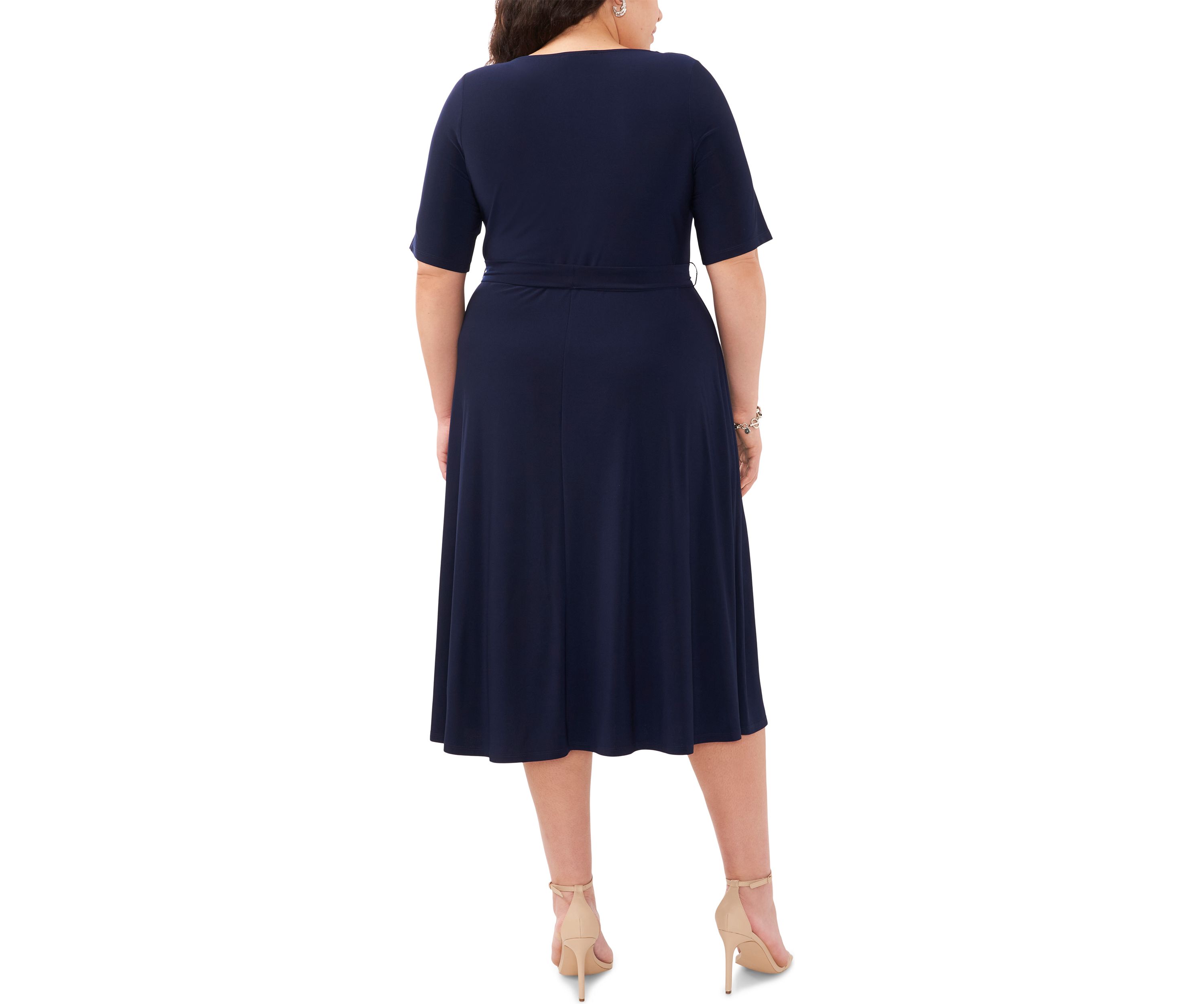 Plus Size Short Sleeve 3 Ring Solid Tie Front Midi Dress