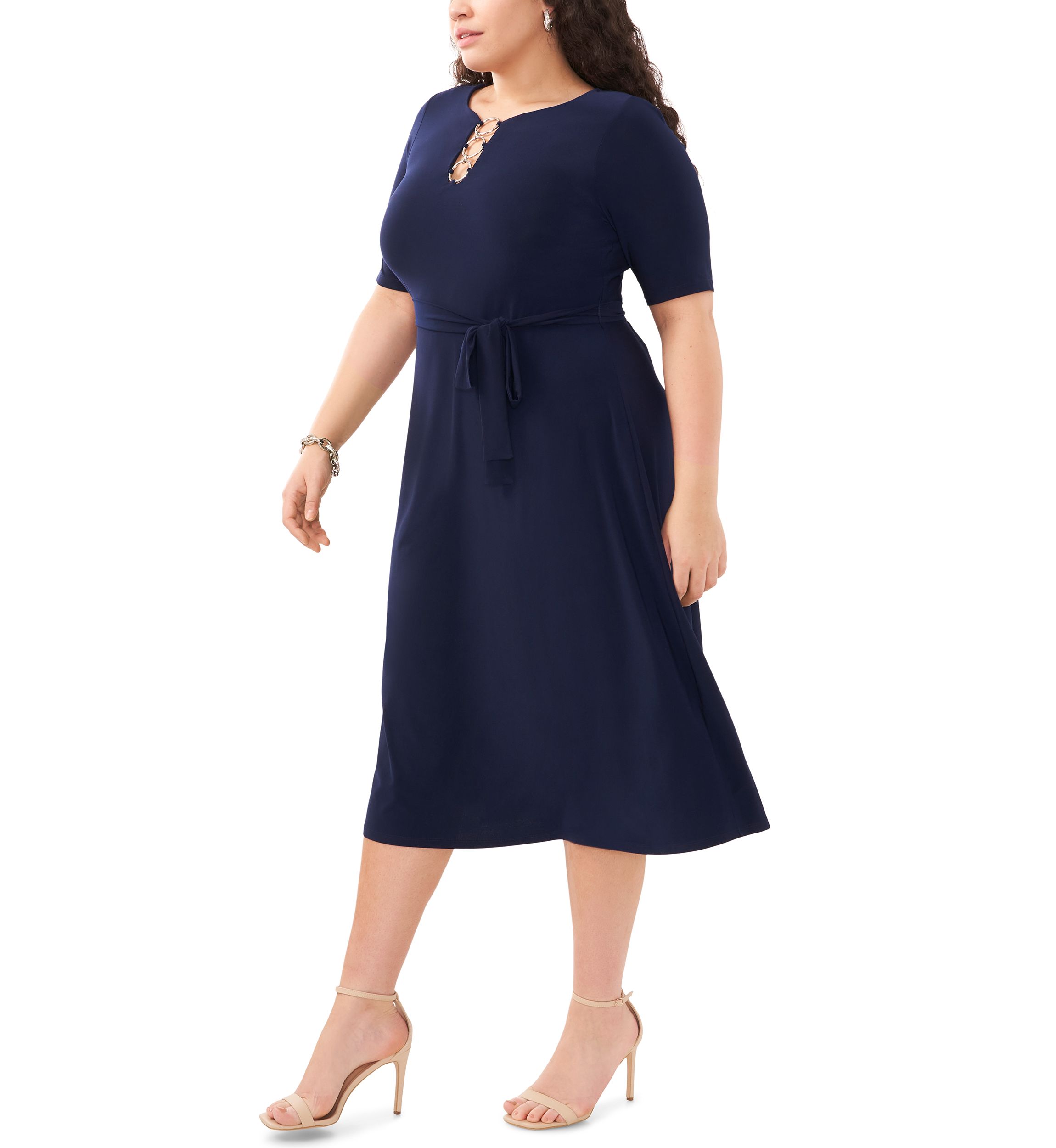 Plus Size Short Sleeve 3 Ring Solid Tie Front Midi Dress