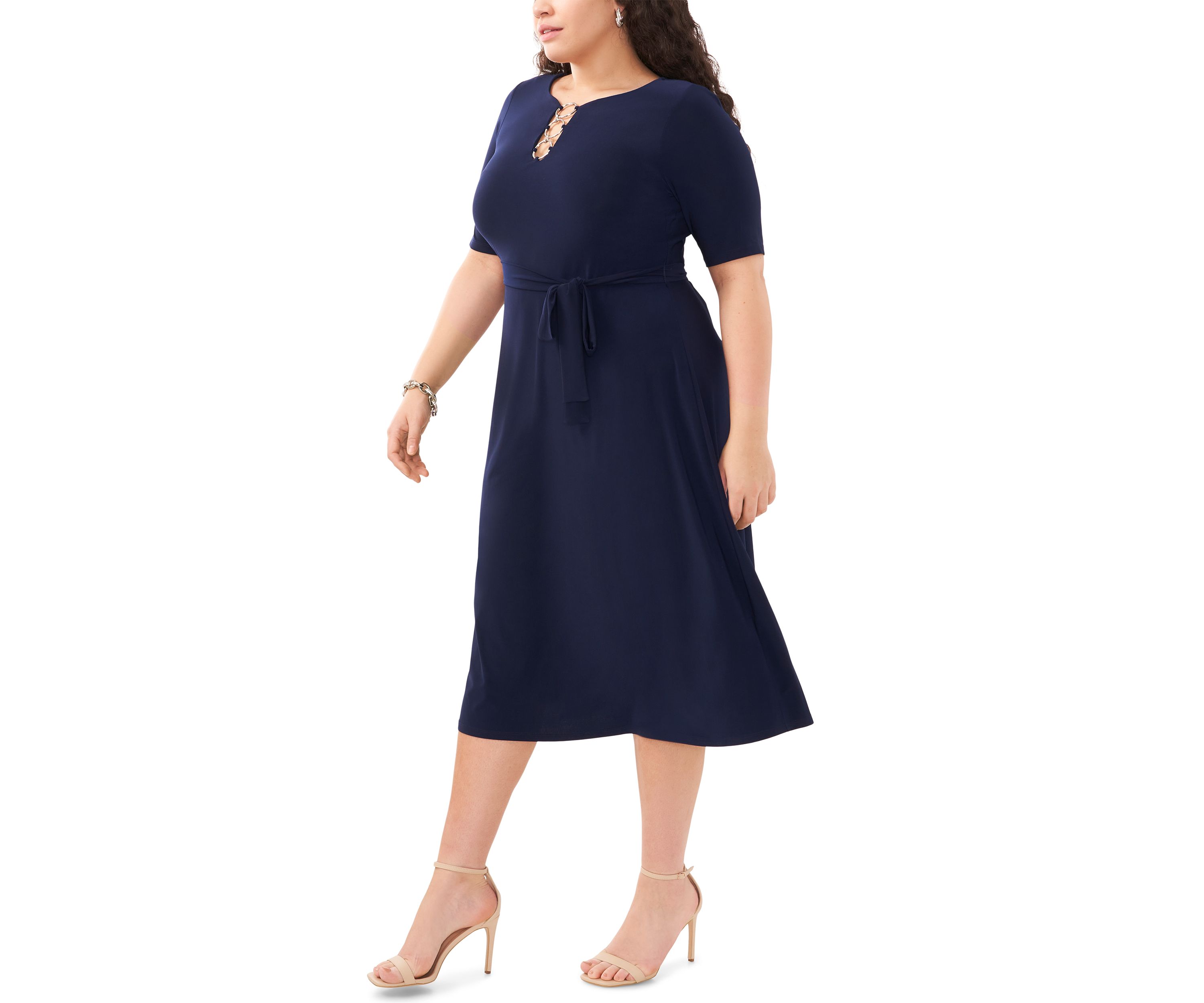 Plus Size Short Sleeve 3 Ring Solid Tie Front Midi Dress
