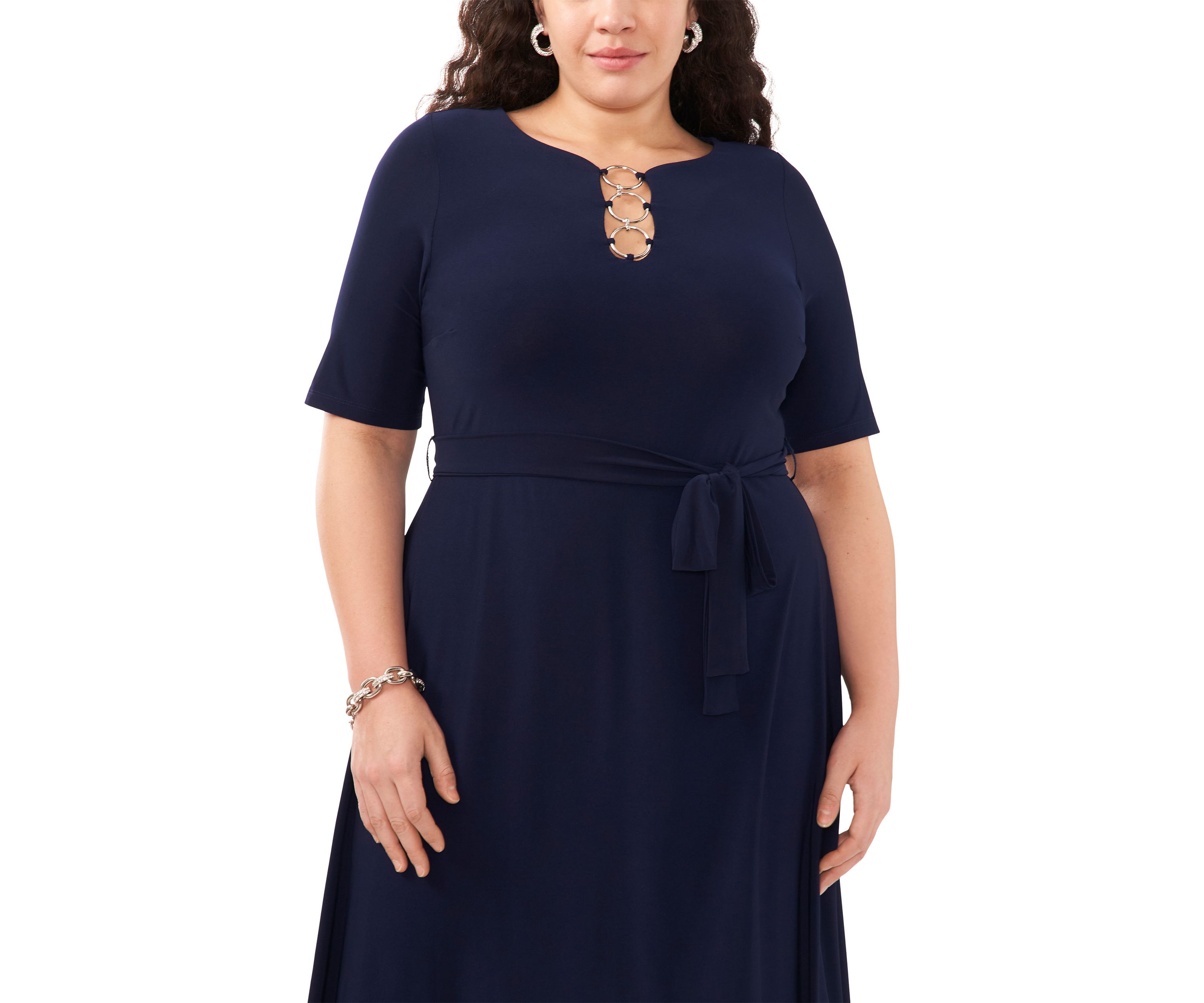Plus Size Short Sleeve 3 Ring Solid Tie Front Midi Dress