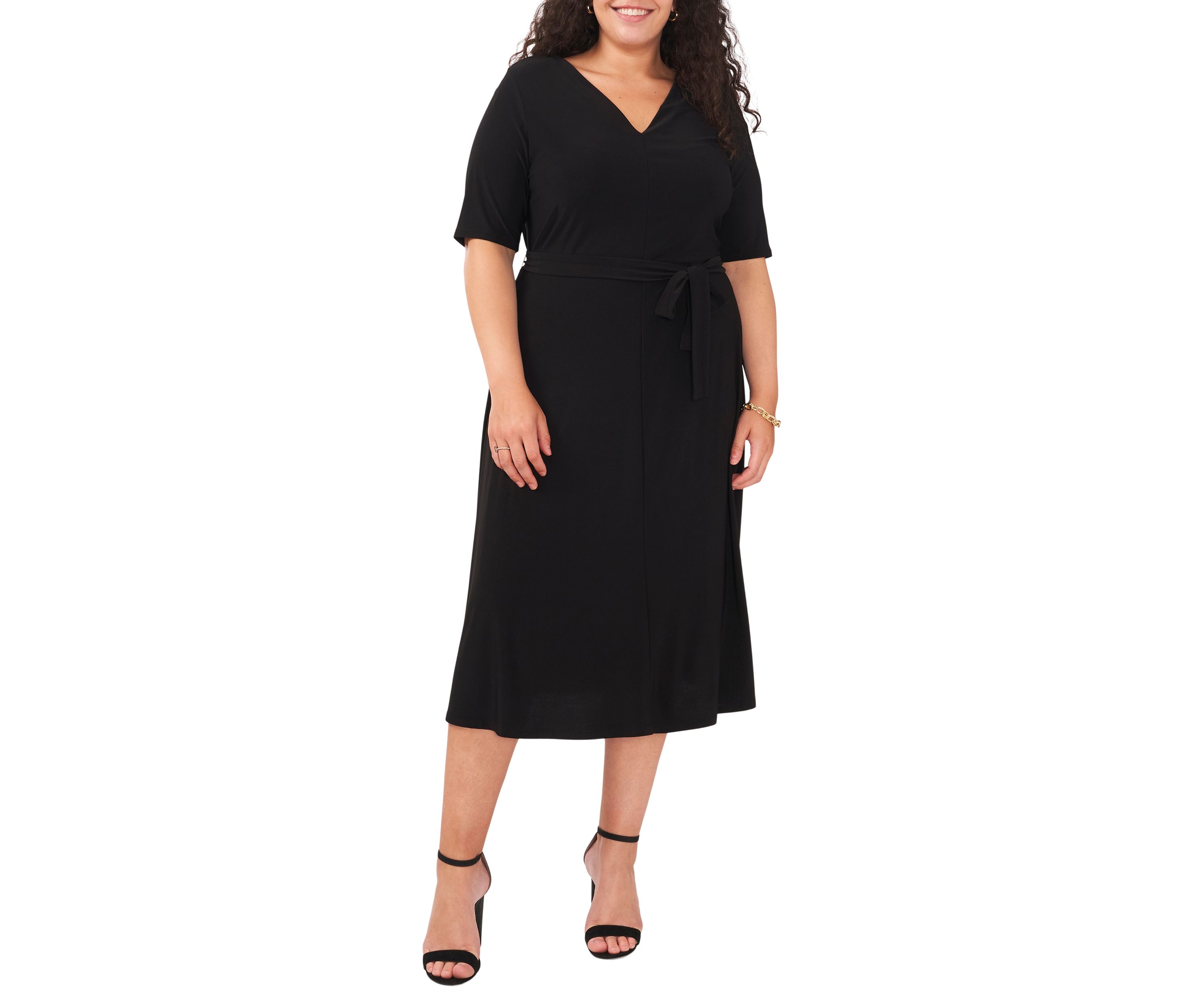 Plus Size Elbow Sleeve V-Neck Solid Tie Front Midi Dress