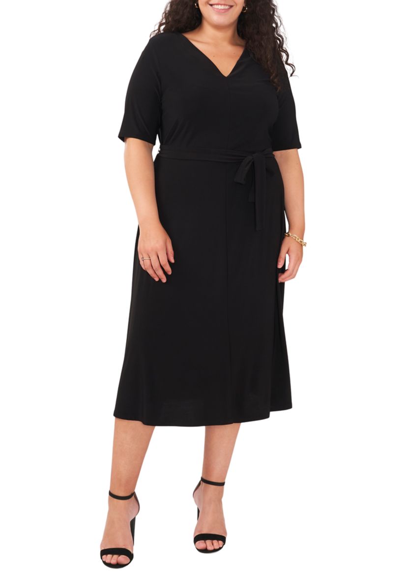 Plus Size Elbow Sleeve V-Neck Solid Tie Front Midi Dress