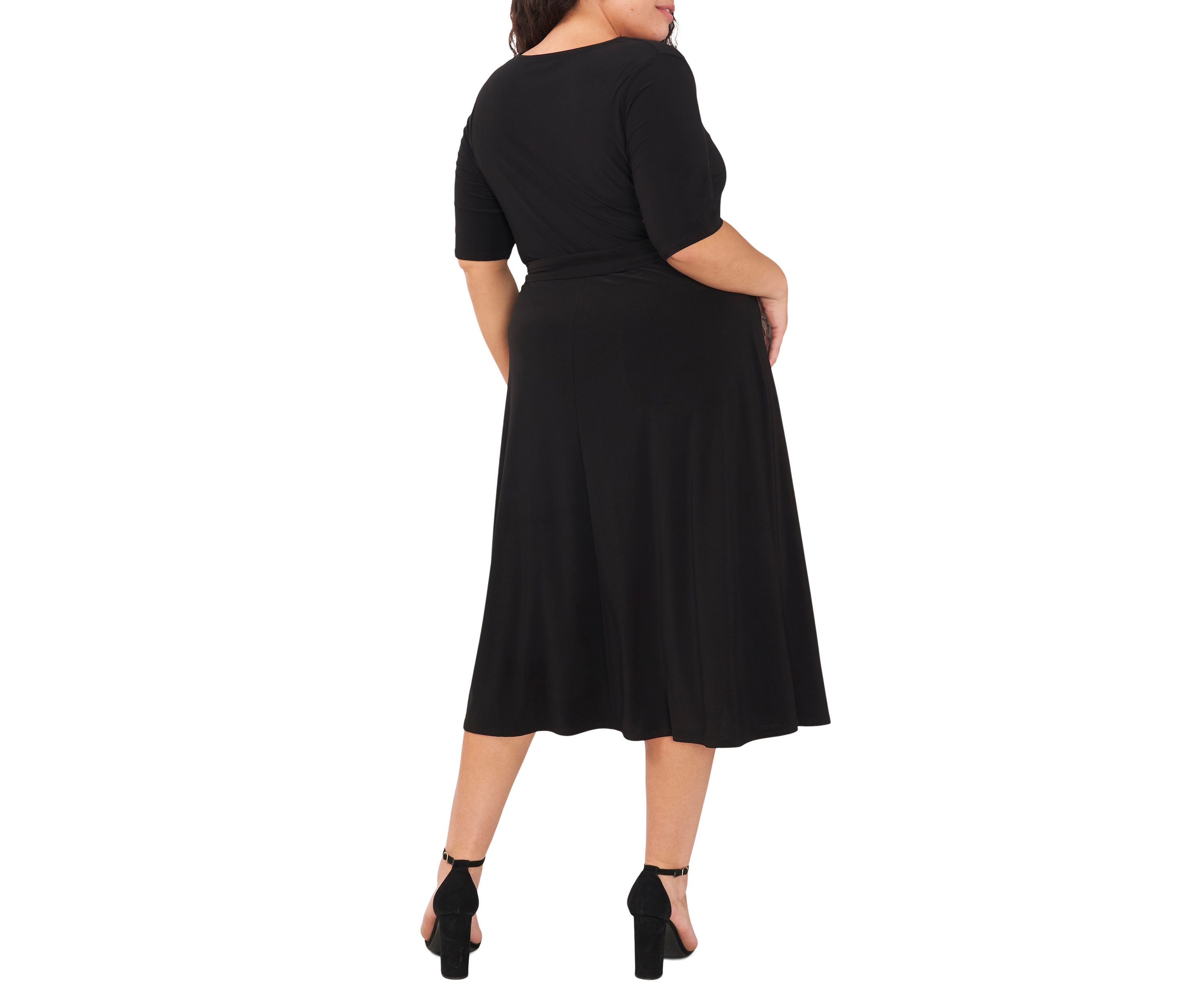 Plus Size Elbow Sleeve V-Neck Solid Tie Front Midi Dress