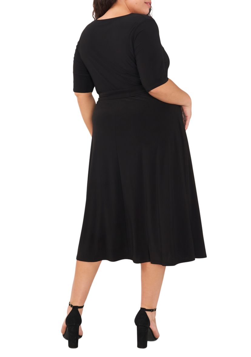 Plus Size Elbow Sleeve V-Neck Solid Tie Front Midi Dress