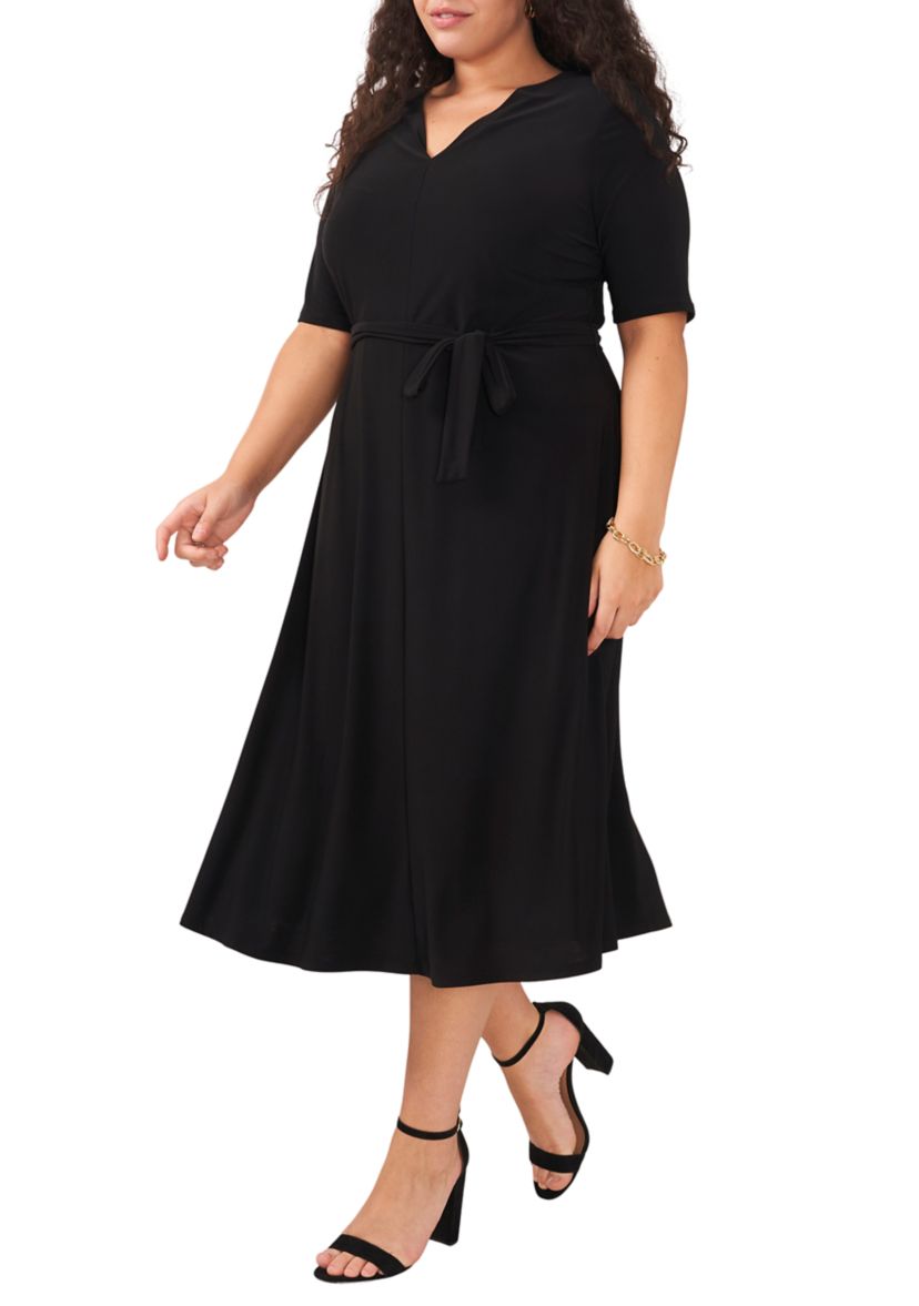 Plus Size Elbow Sleeve V-Neck Solid Tie Front Midi Dress