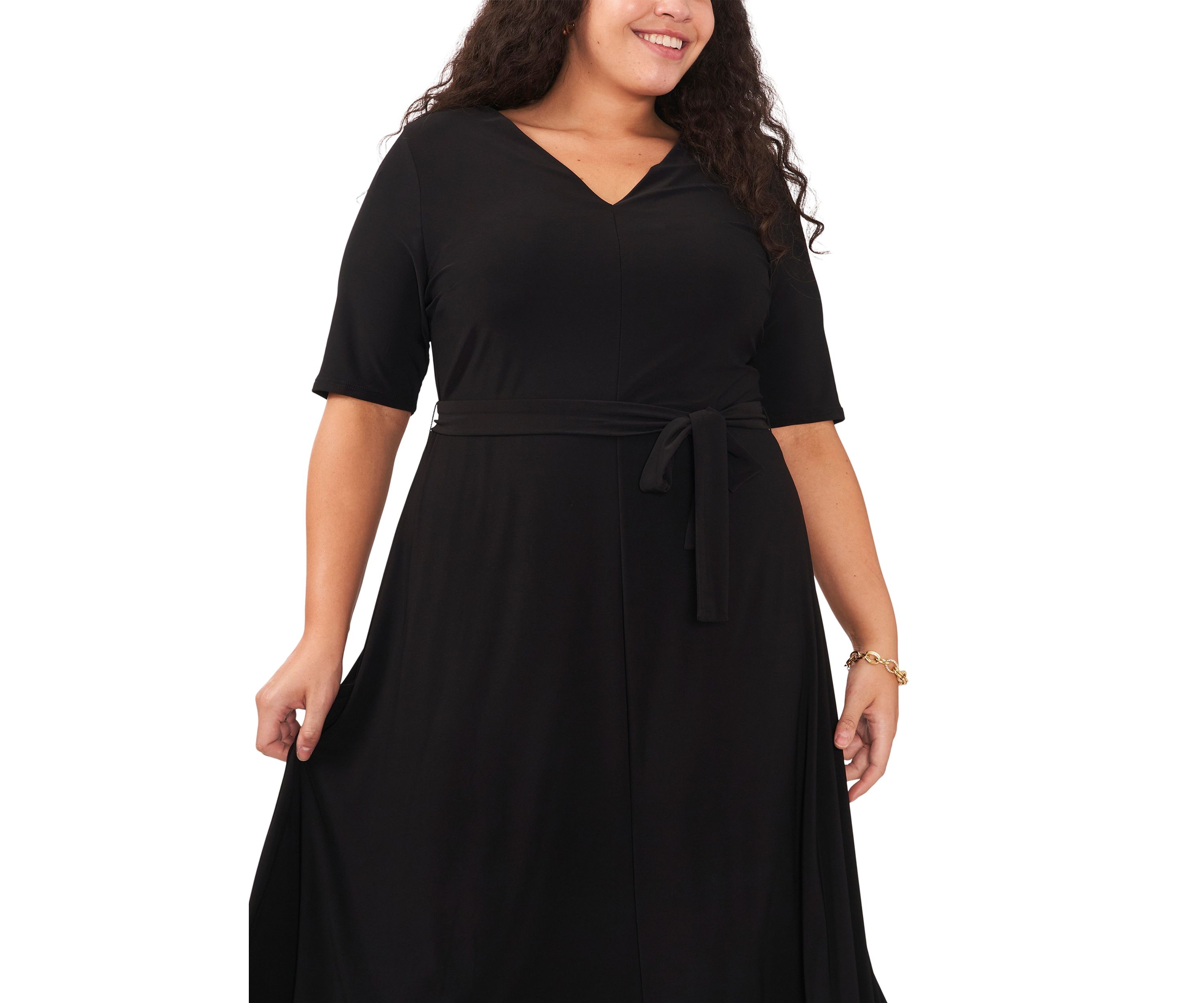 Plus Size Elbow Sleeve V-Neck Solid Tie Front Midi Dress