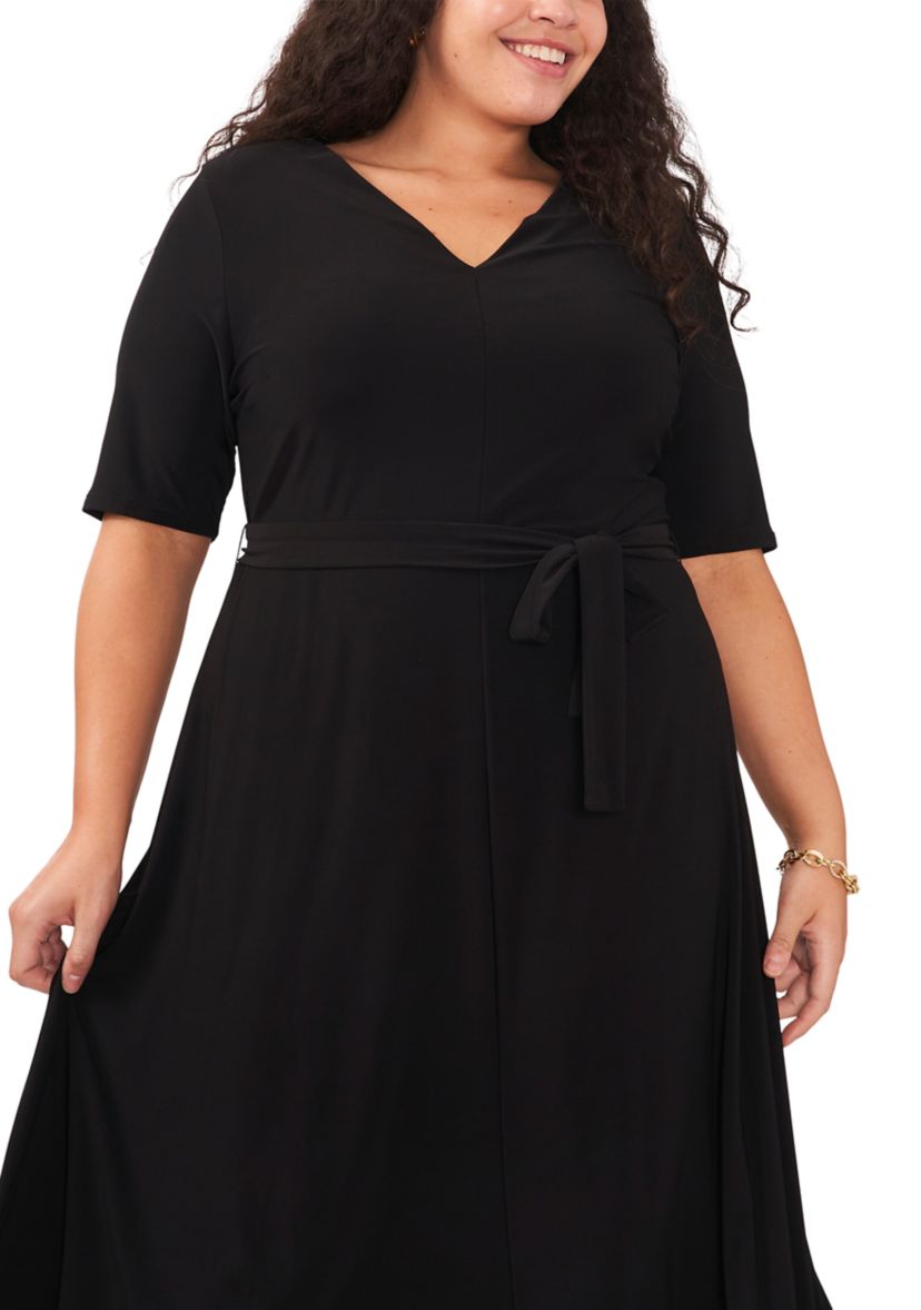 Plus Size Elbow Sleeve V-Neck Solid Tie Front Midi Dress
