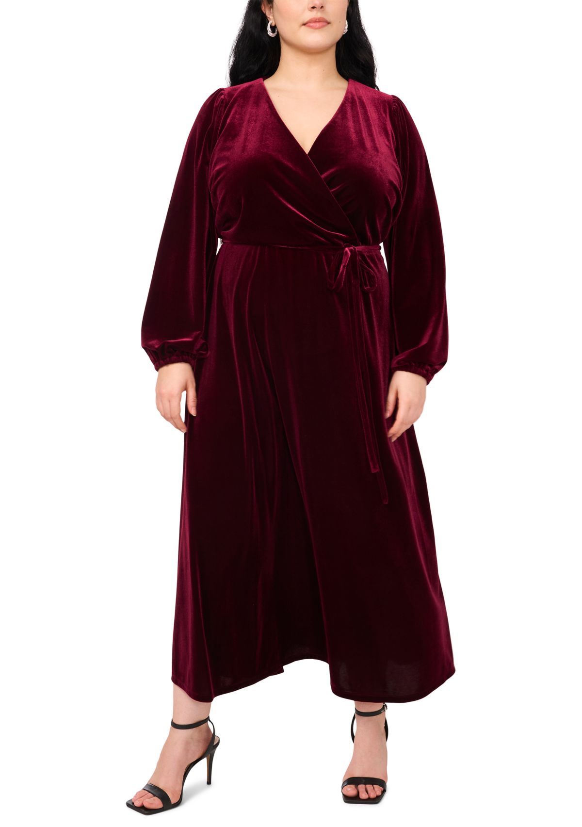 Plus Size Long Sleeve V-Neck Solid Velvet Fit and Flare Maxi Dress