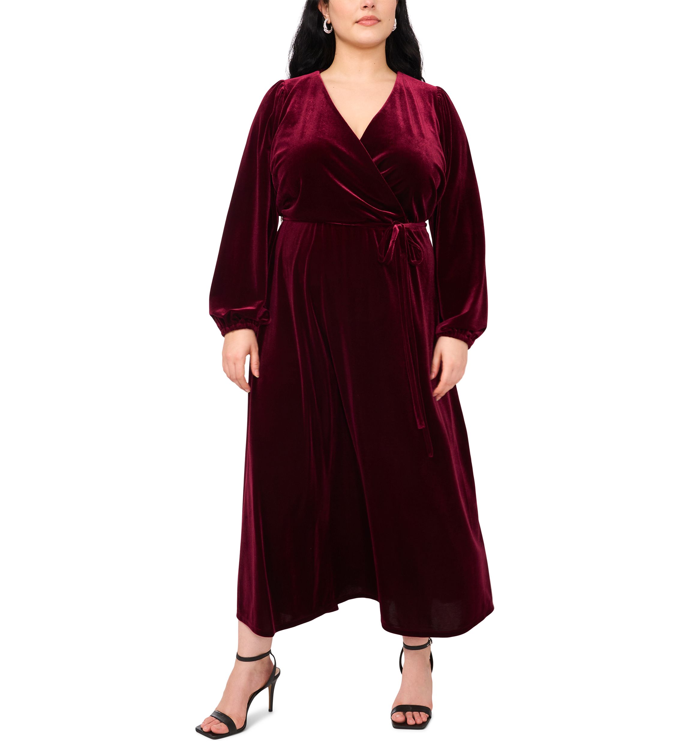 Plus Size Long Sleeve V-Neck Solid Velvet Fit and Flare Maxi Dress