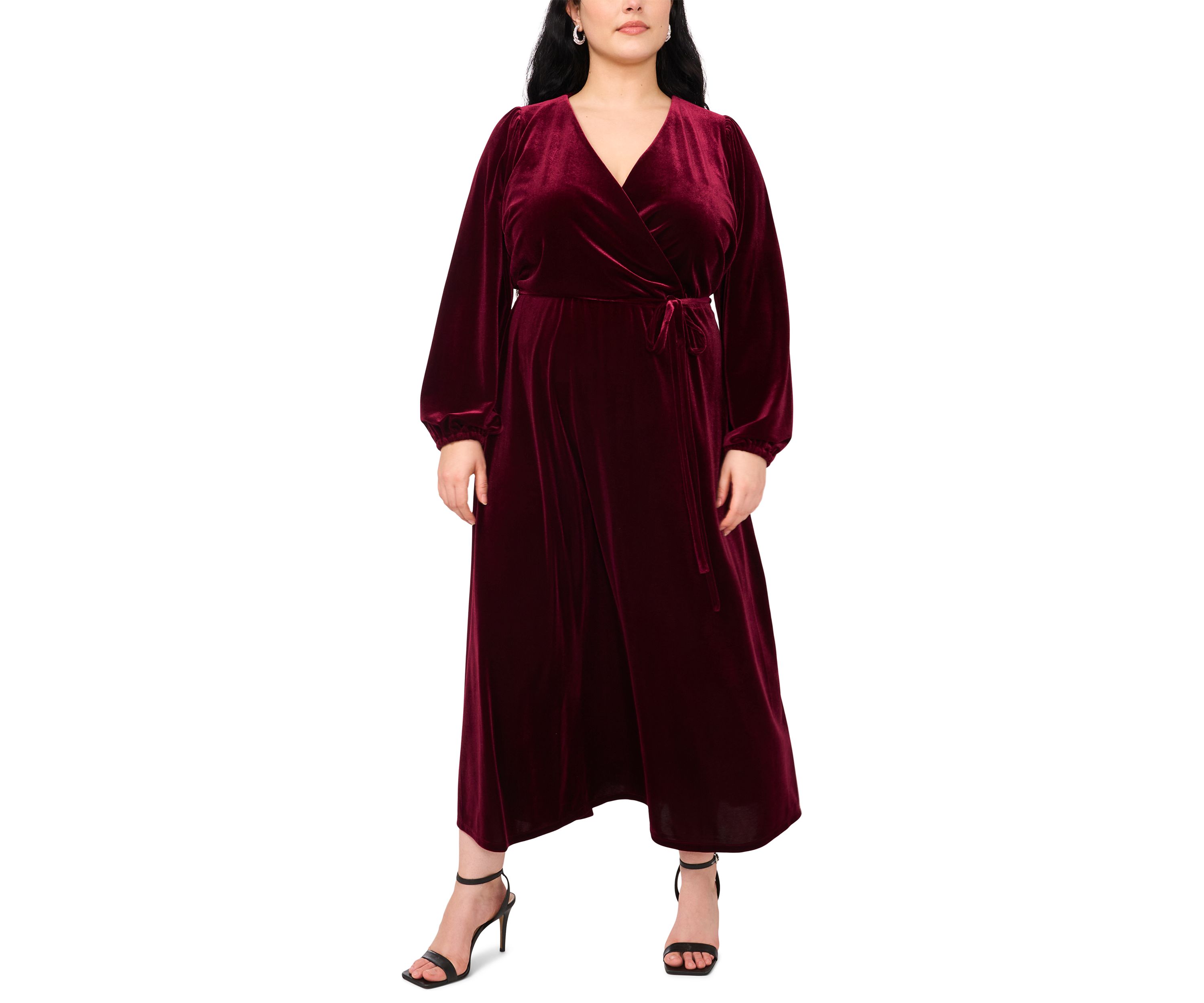 Plus Size Long Sleeve V-Neck Solid Velvet Fit and Flare Maxi Dress