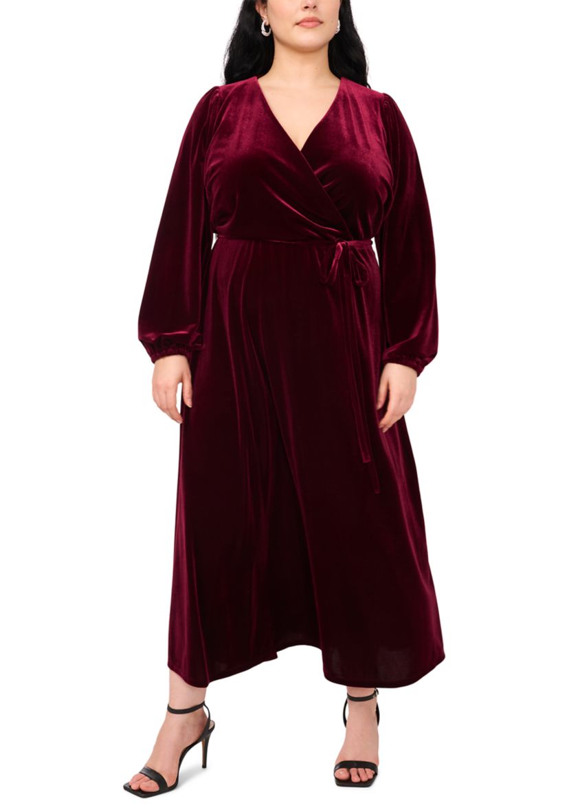 Plus Size Long Sleeve V-Neck Solid Velvet Fit and Flare Maxi Dress
