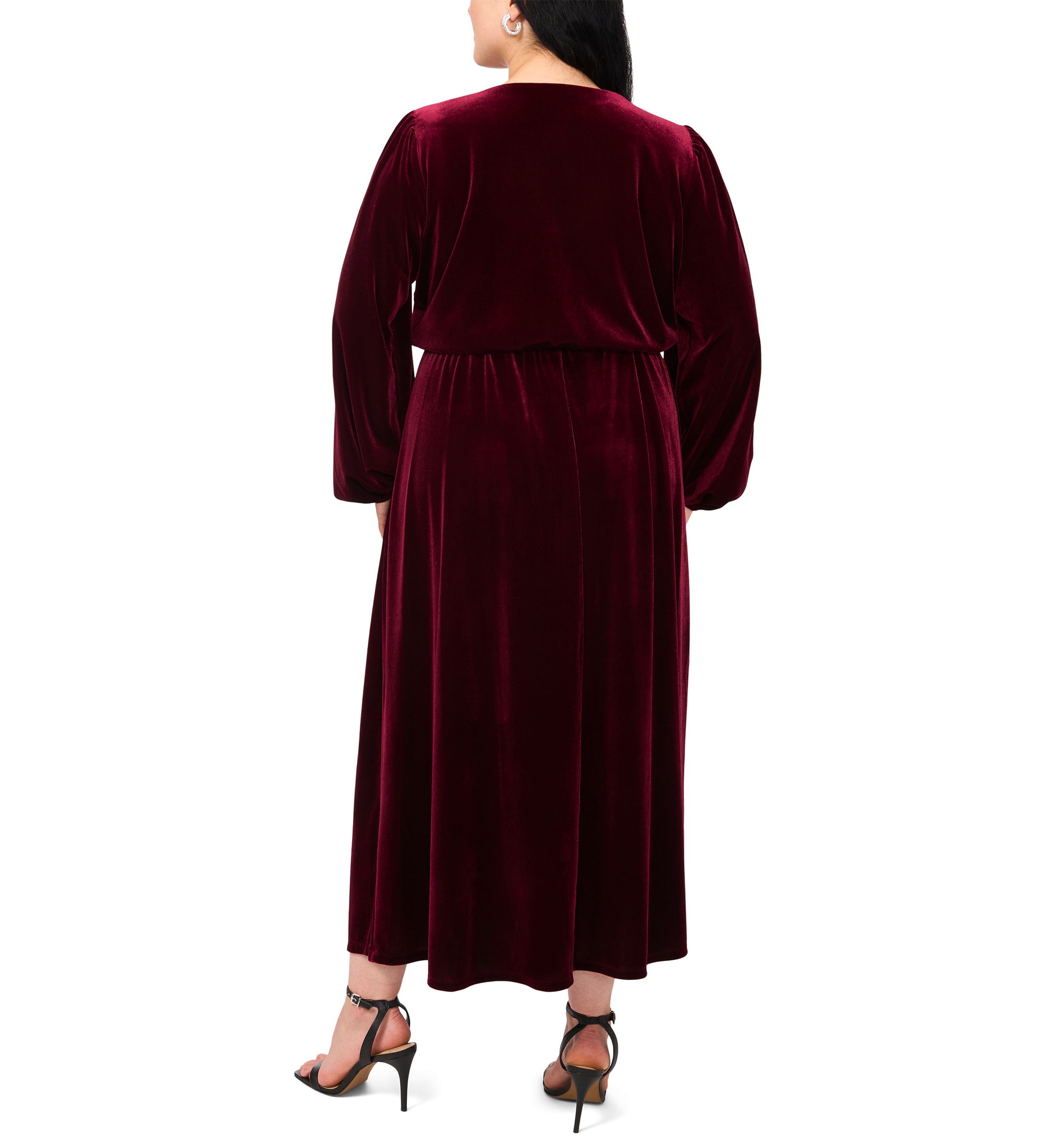 Plus Size Long Sleeve V-Neck Solid Velvet Fit and Flare Maxi Dress