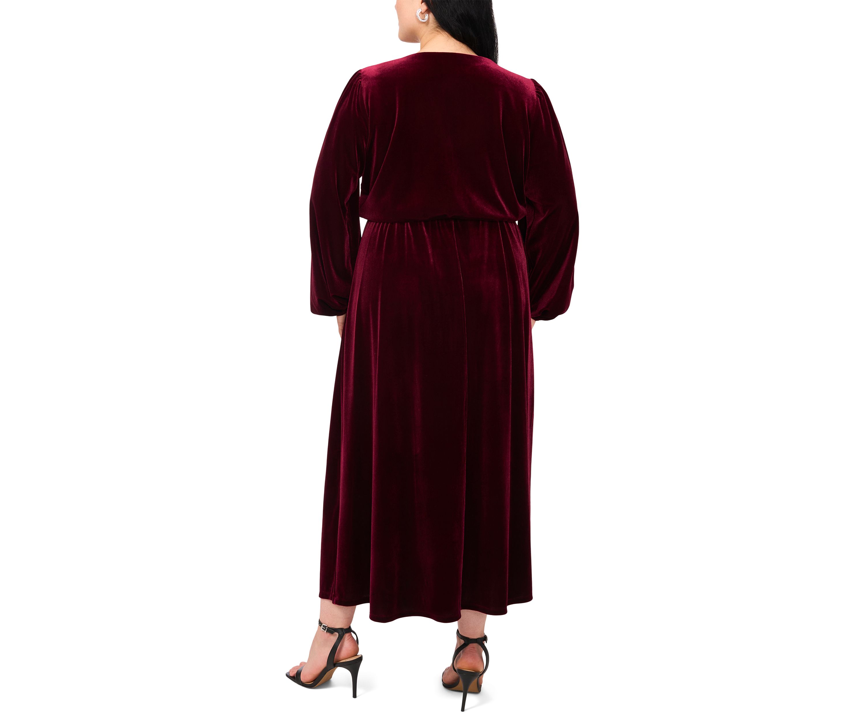 Plus Size Long Sleeve V-Neck Solid Velvet Fit and Flare Maxi Dress