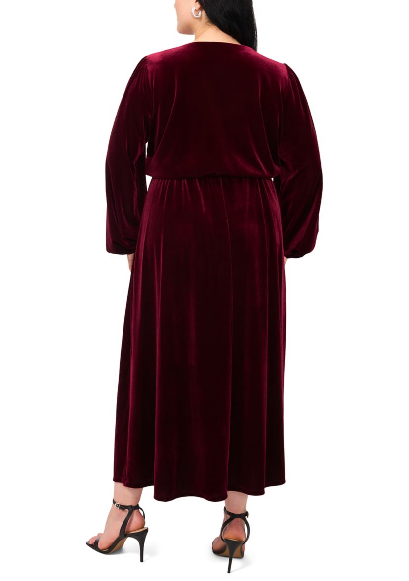 Plus Size Long Sleeve V-Neck Solid Velvet Fit and Flare Maxi Dress