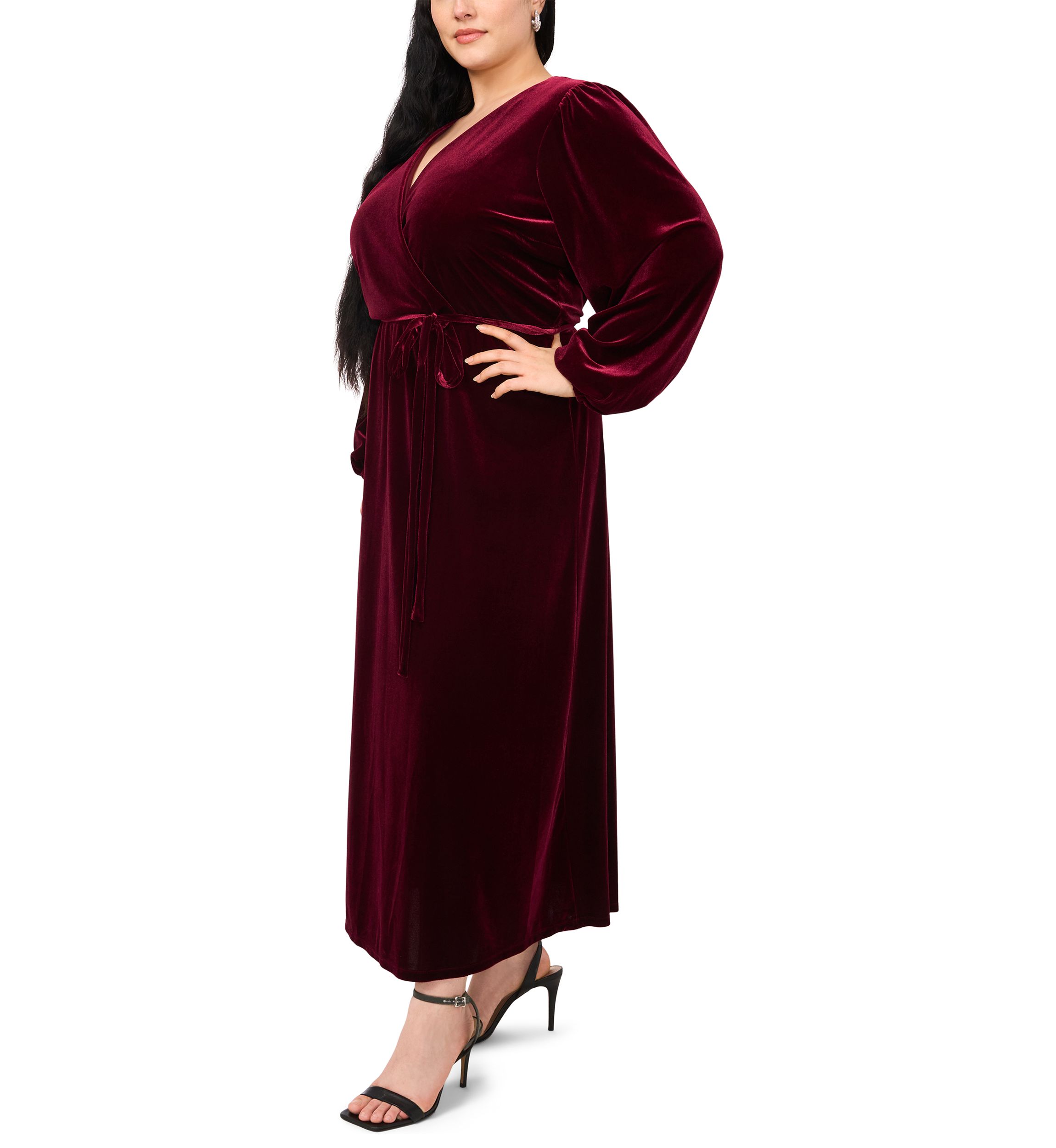 Plus Size Long Sleeve V-Neck Solid Velvet Fit and Flare Maxi Dress