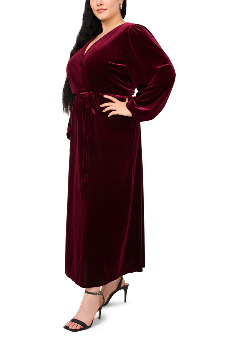 Plus Size Long Sleeve V-Neck Solid Velvet Fit and Flare Maxi Dress